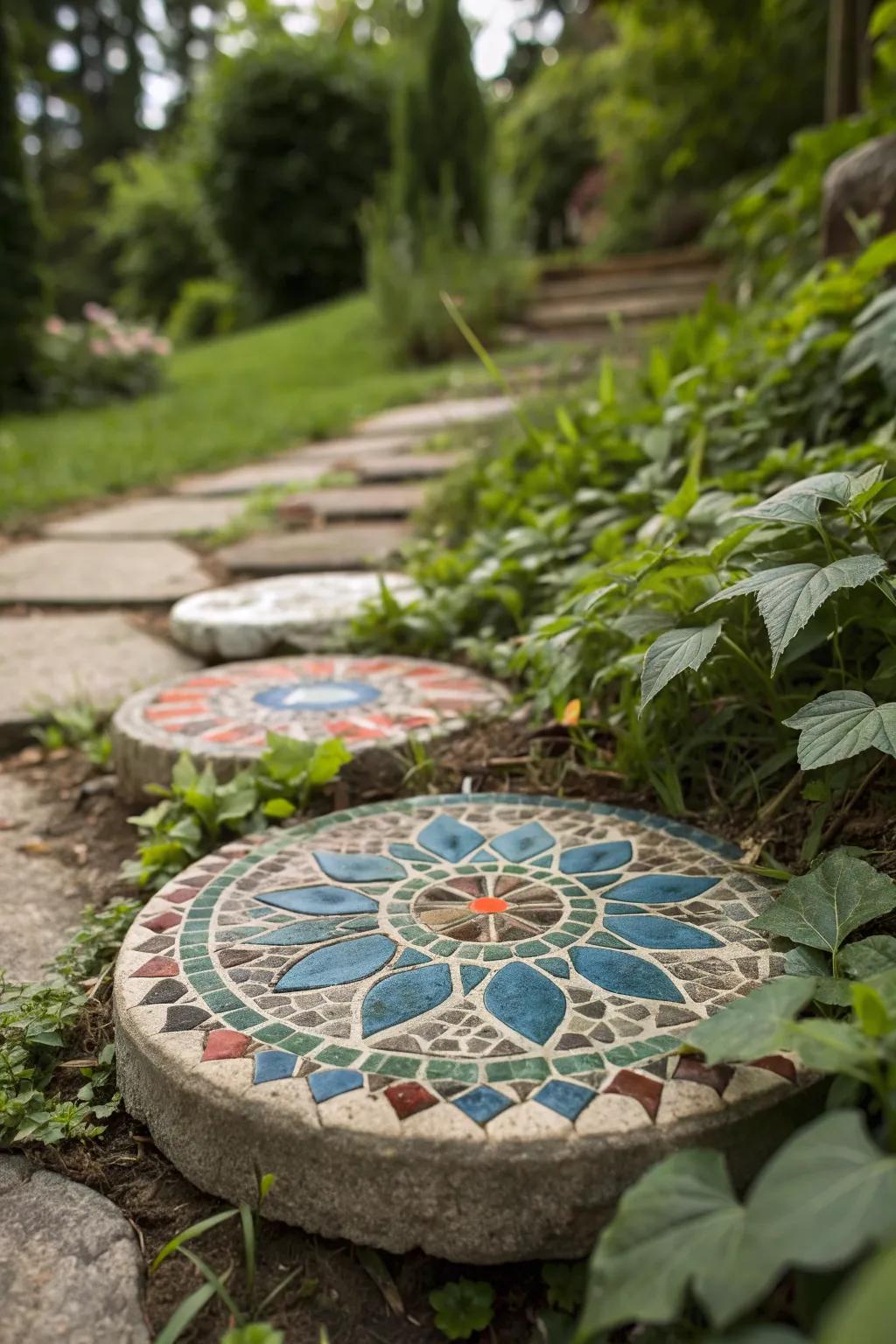 Transform your garden path with artistic mosaic stepping stones that add a splash of color and charm.