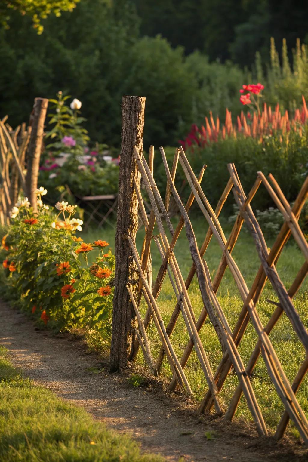 Add whimsical charm to your garden with a handcrafted zig-zag stick fence.