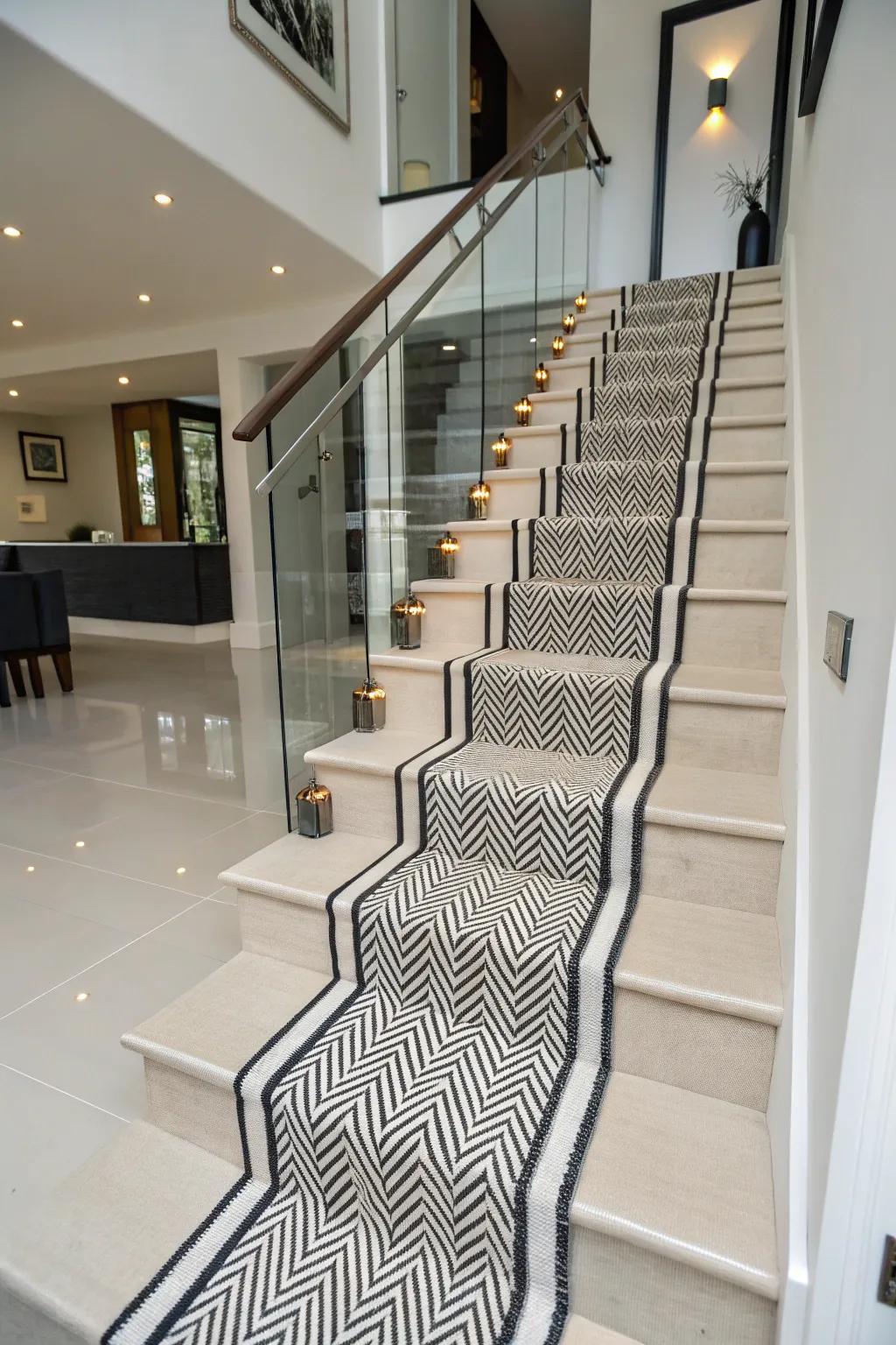 A modern twist with diagonal stripes for a dynamic staircase design.