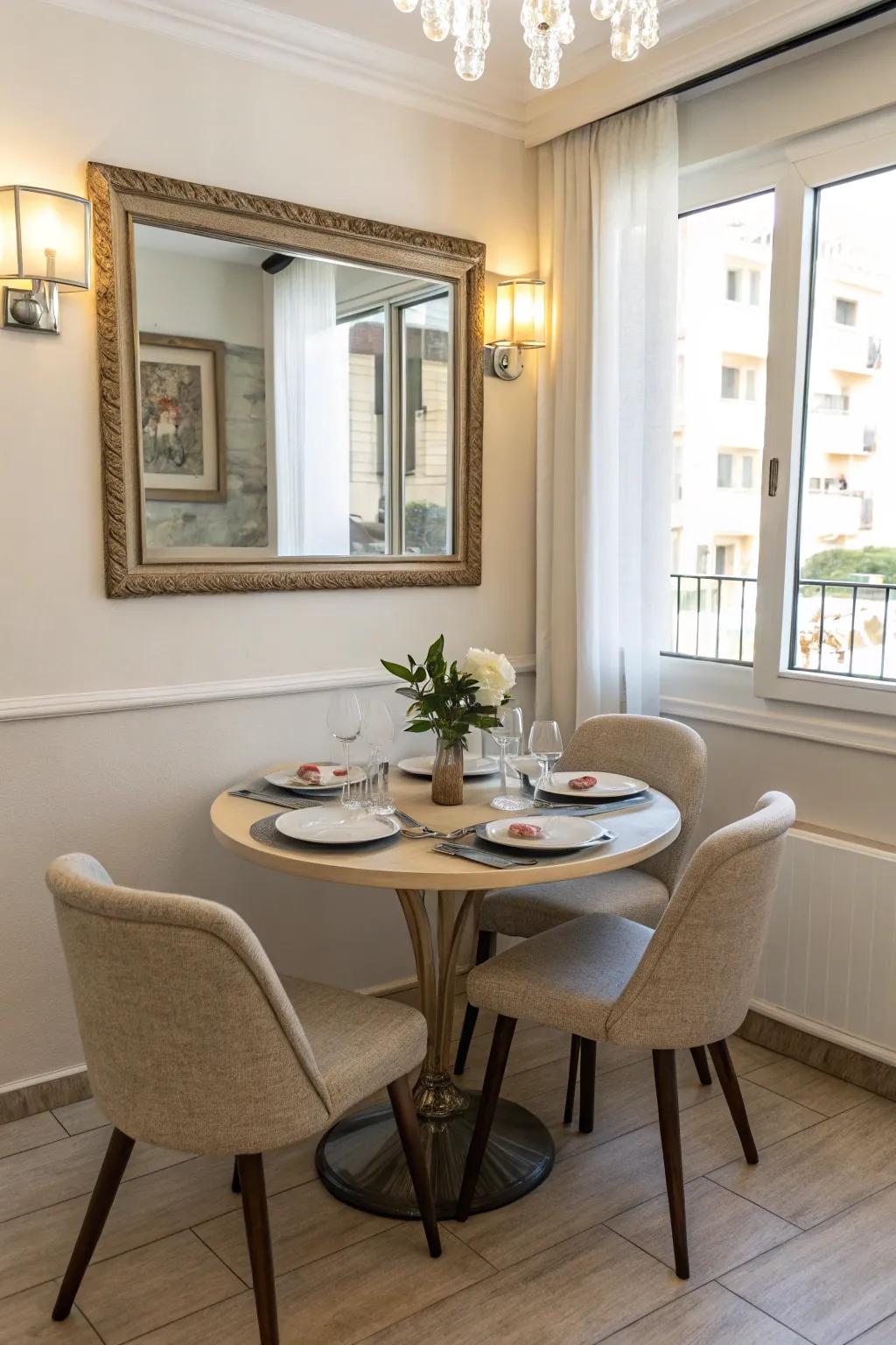 Mirrors can significantly open up a compact dining space.