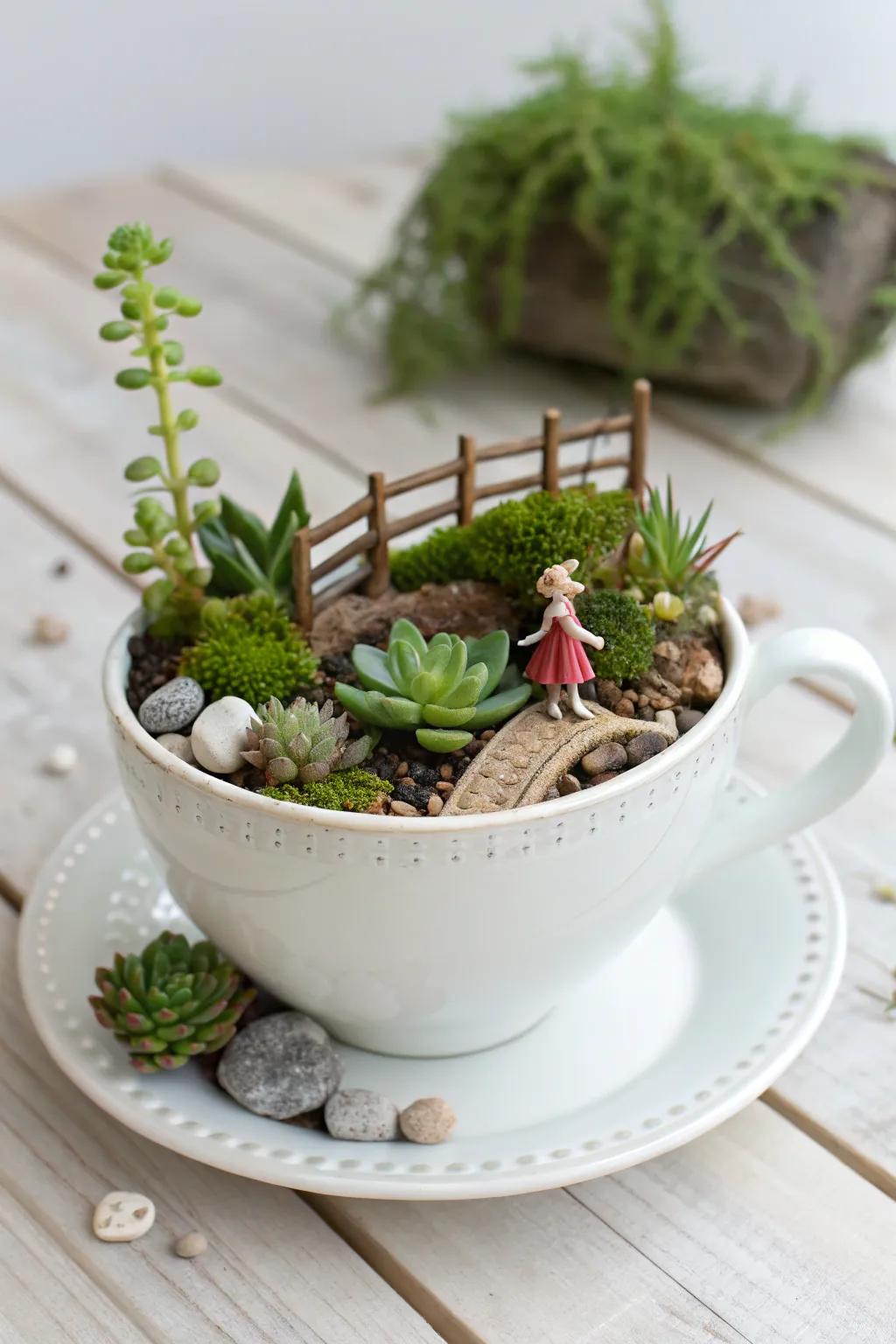 Enchant your space with a miniature fairy garden teacup—where magic meets minimalist design!