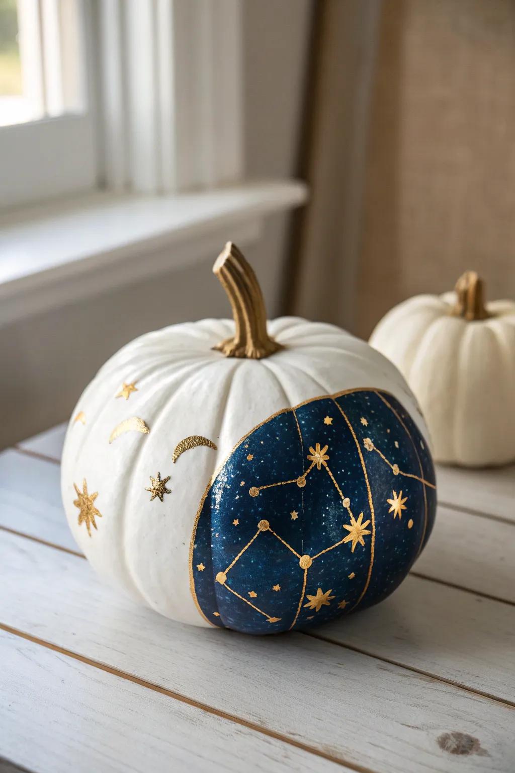 Illuminate your autumn decor with a celestial twist: paint your birth chart constellation on a pumpkin for a touch of spooky astrology magic.