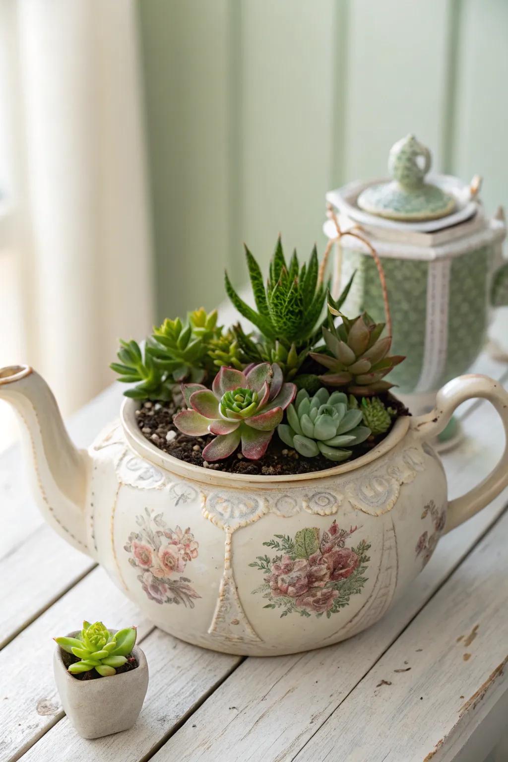 Elevate your green space with a vintage twist: repurpose a quirky teapot into a charming succulent planter!