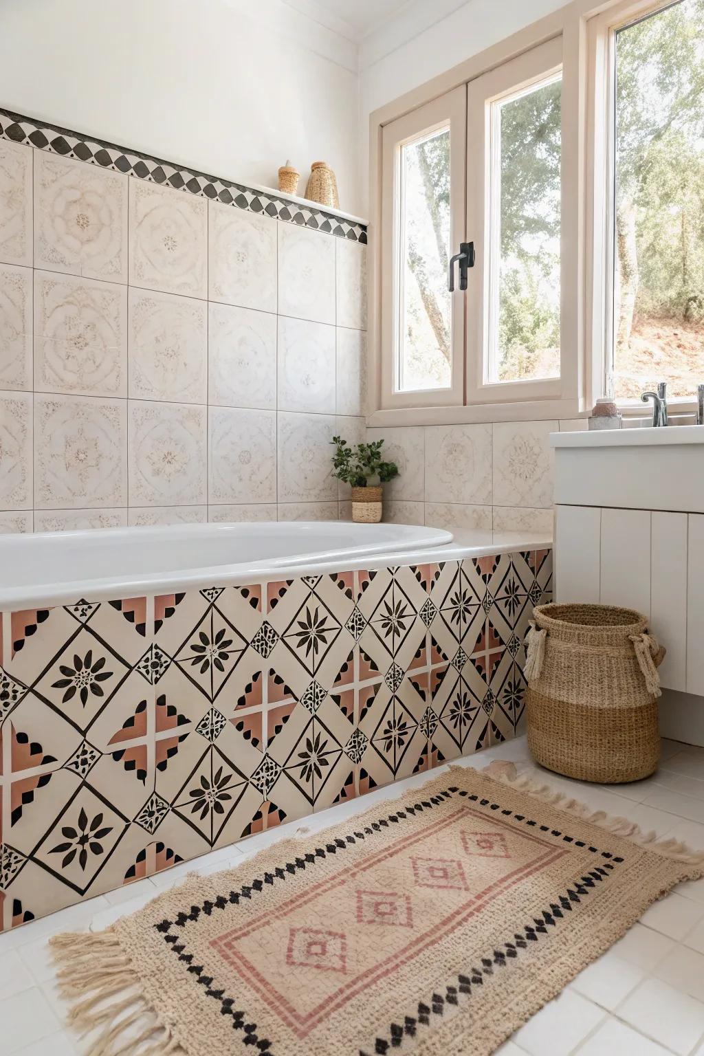 Elevate your bathroom's style with bold, contrasting grout—where Scandinavian simplicity meets boho flair.