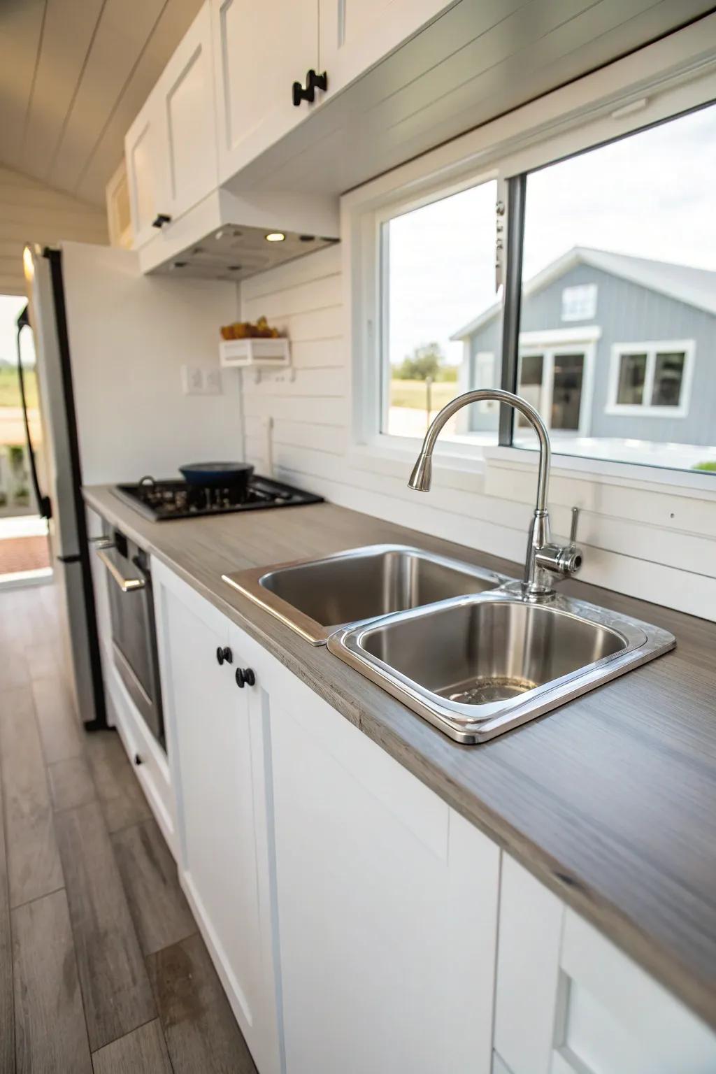 A tiny house kitchen showcasing an integrated sink and countertop for a seamless look.