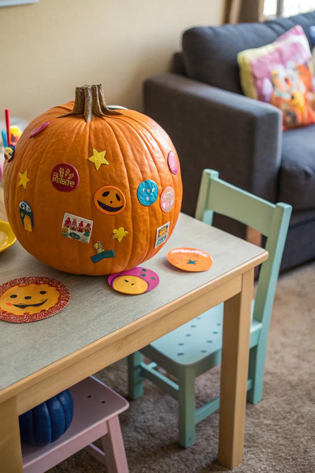 Stickers make pumpkin decorating easy and fun for toddlers.