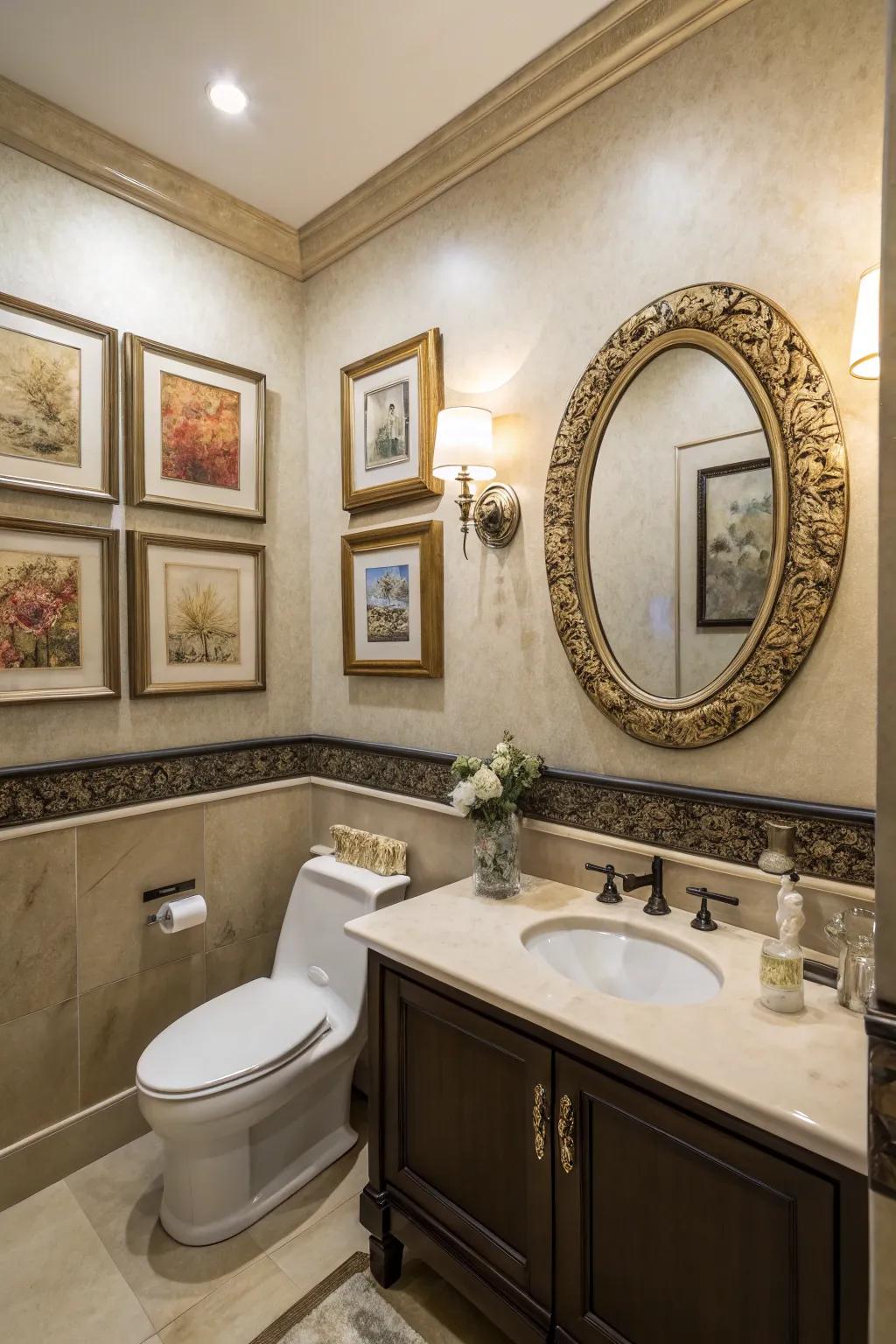 Elegant touches with artwork and mirrors in a toilet room.