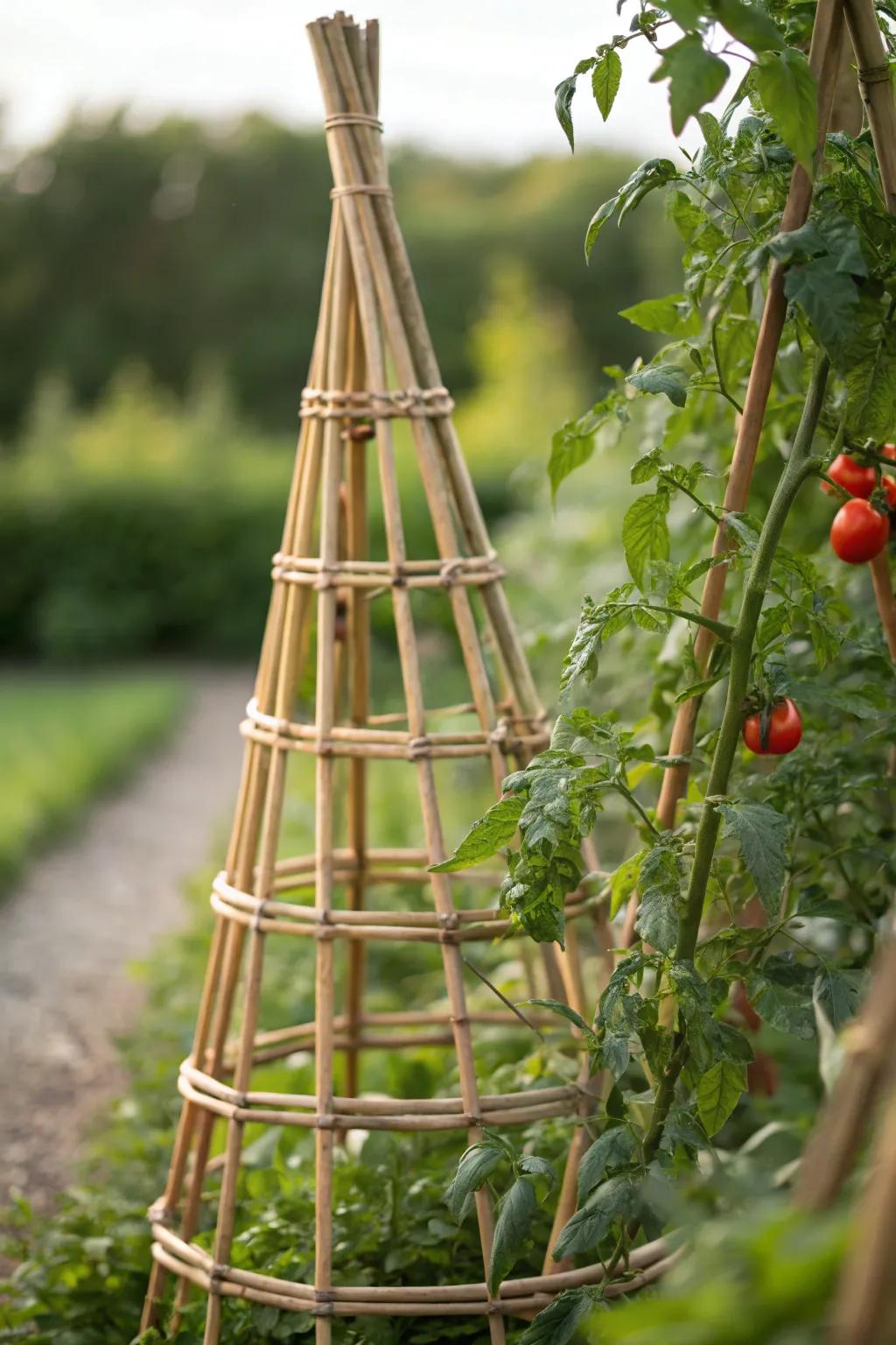 Elevate your garden's charm with a stunning cone-shaped bamboo trellis, blending minimalist elegance with natural beauty.