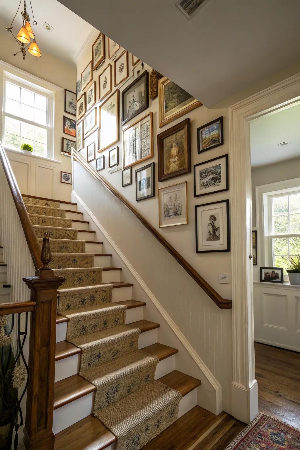 A gallery wall along the staircase adds a personal touch.
