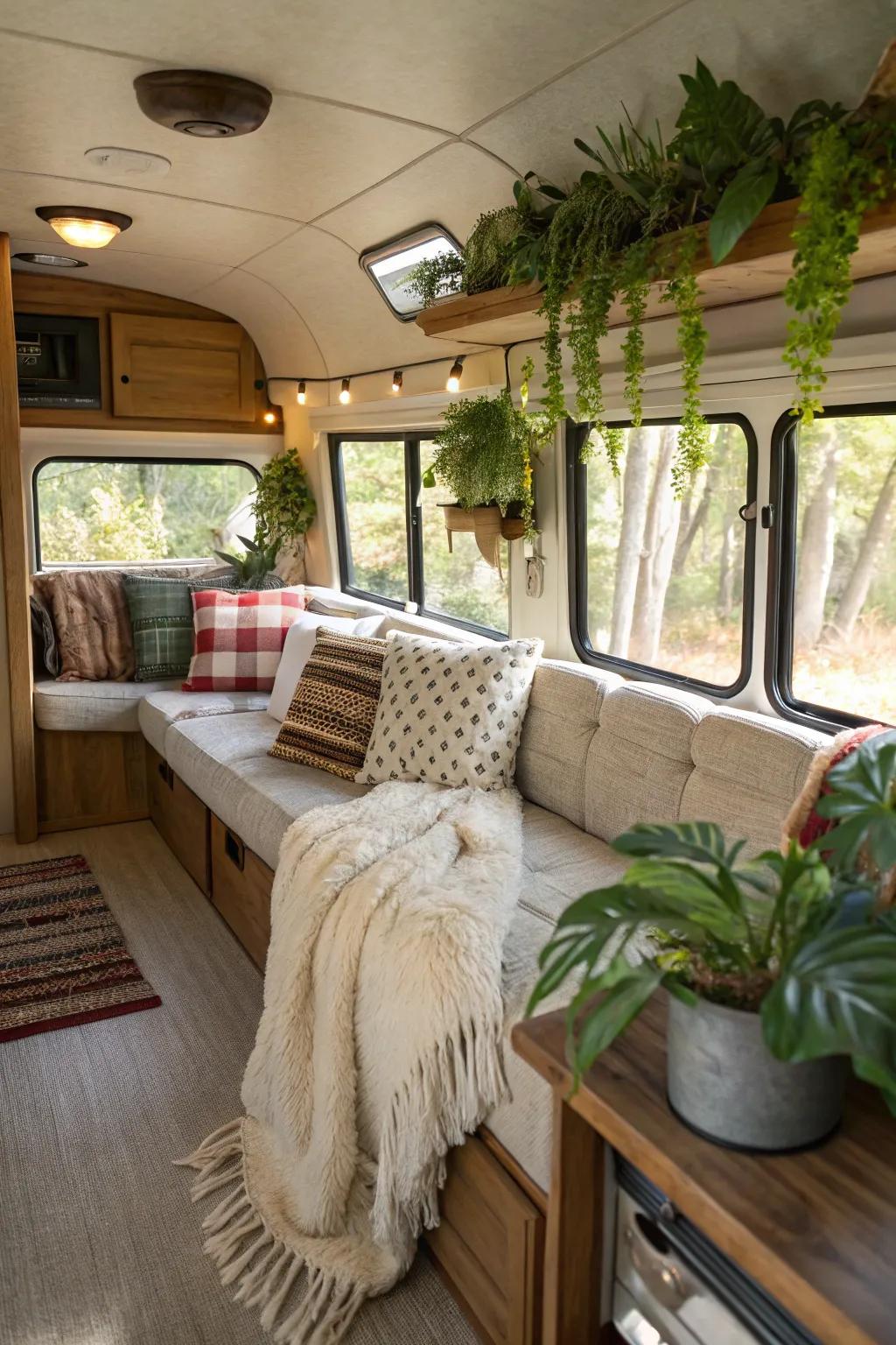 A cozy travel trailer living area with plush cushions, throws, and greenery for a homey touch.