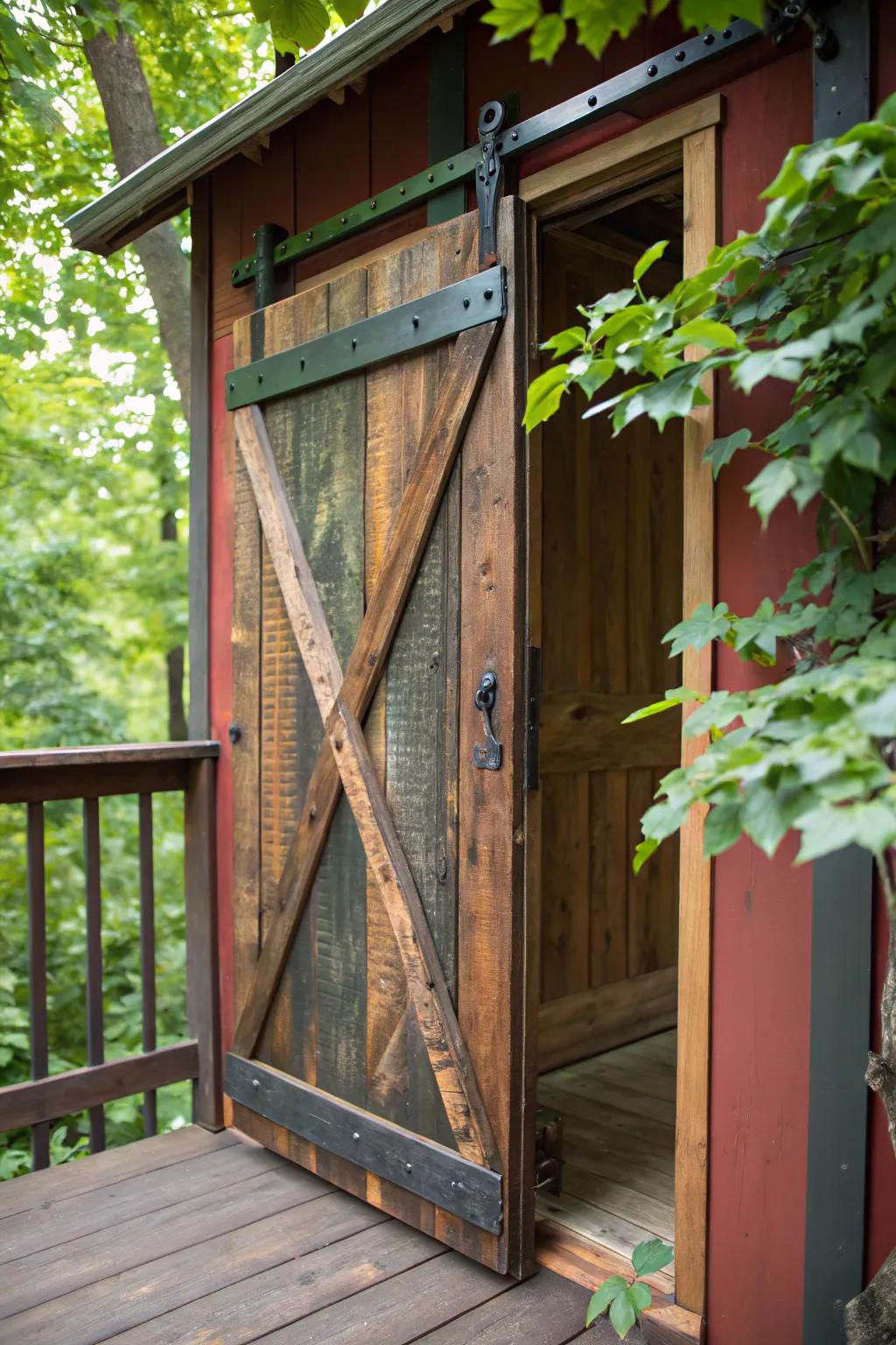 Unlock rustic charm with a handcrafted sliding barn door for your treehouse.