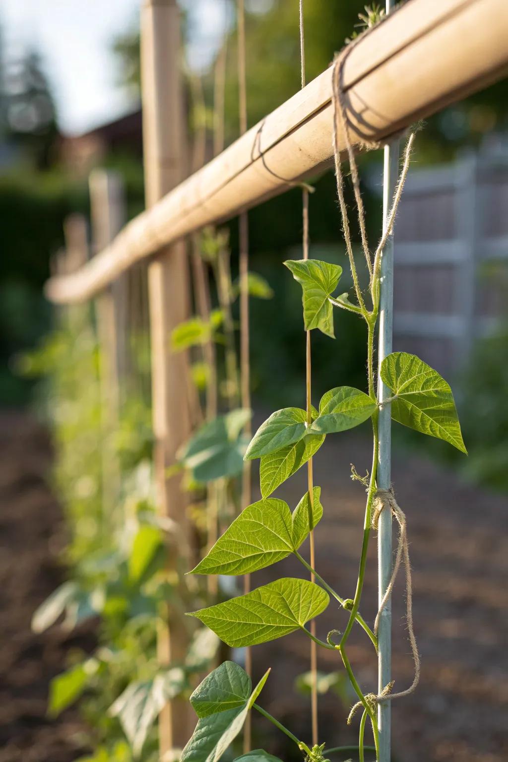 Embrace simplicity with a stunning string and pole trellis for your garden beans.