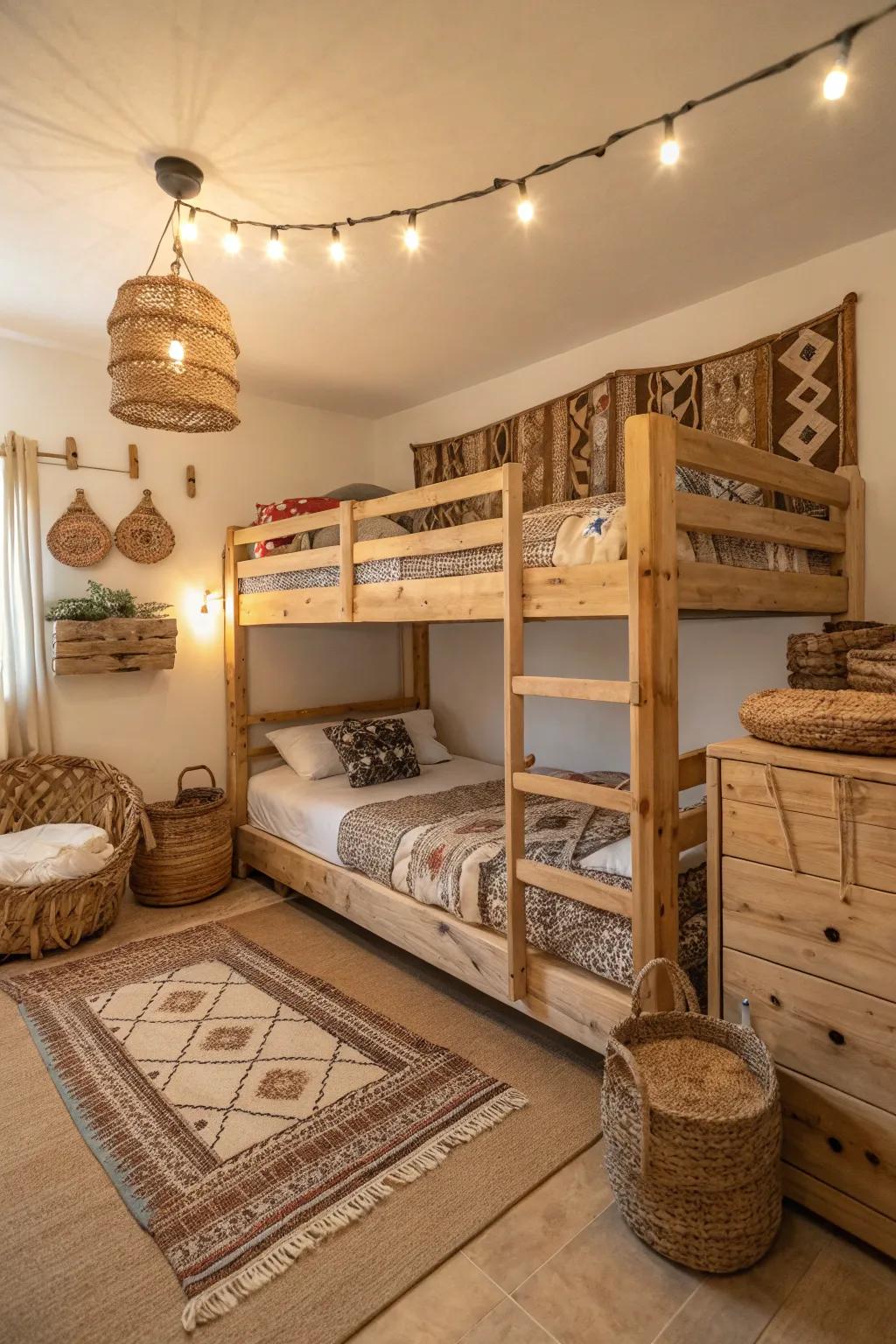 Rustic charm with a beautifully crafted wooden triple bunk bed.