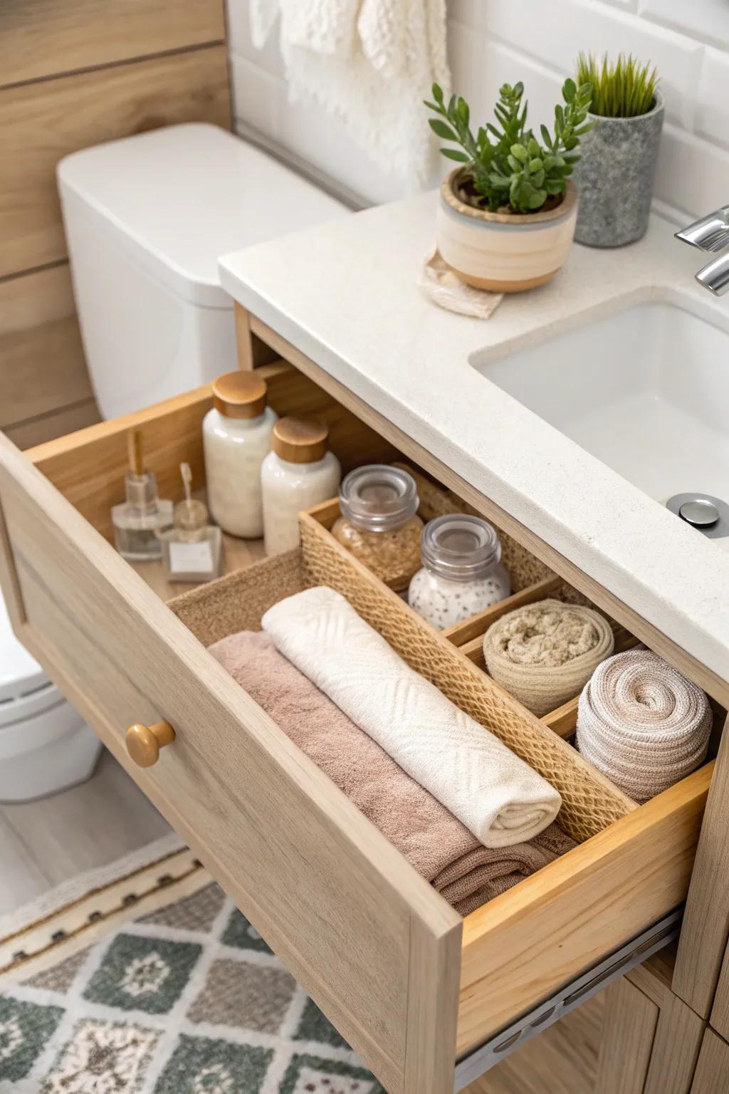 Transform your bathroom with elegant pull-out drawers for a touch of minimalist beauty and organization.