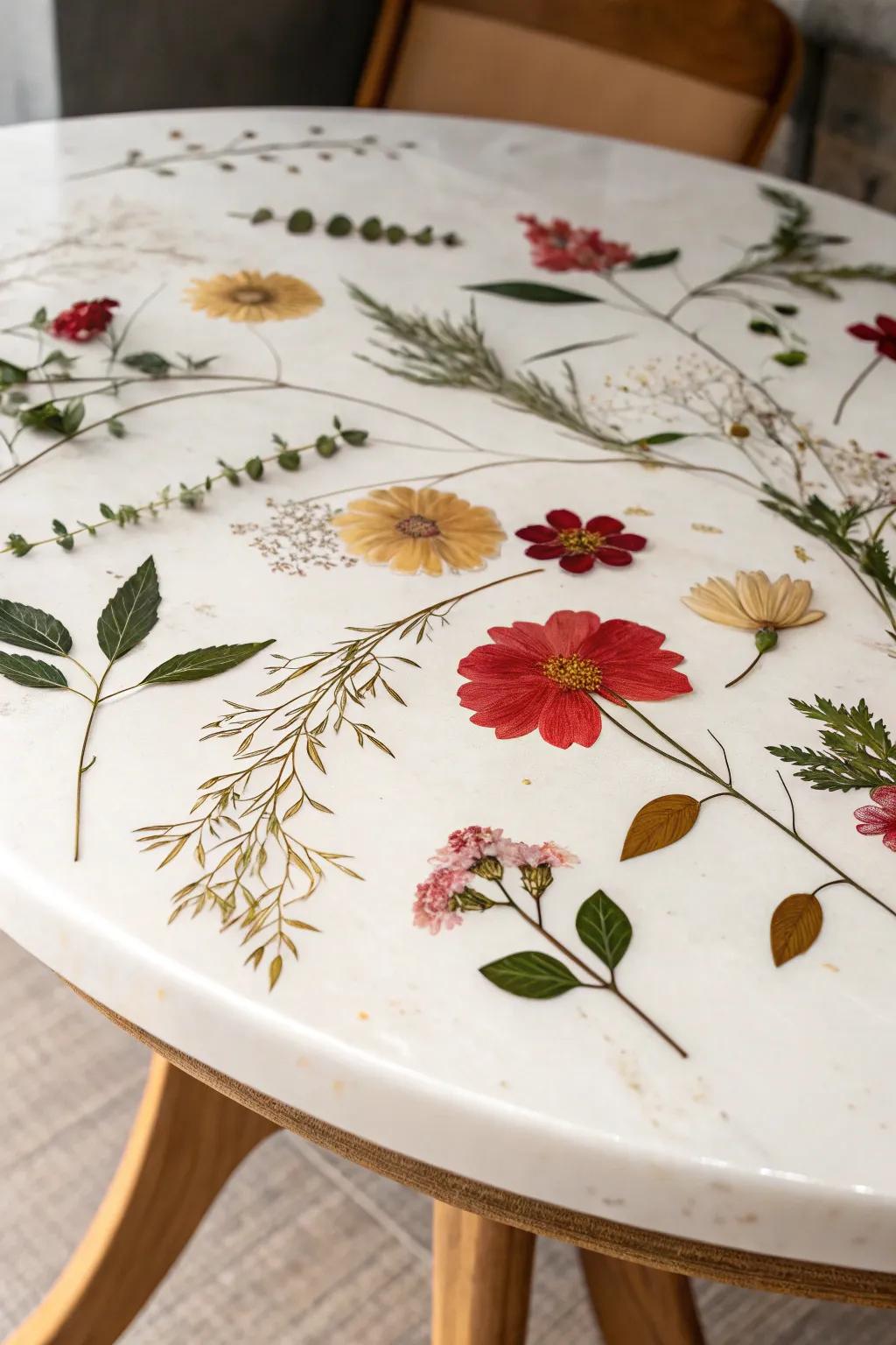 Nature's Essence Captured: Experience the timeless beauty of flowers in bloom with this exquisite epoxy tabletop design.