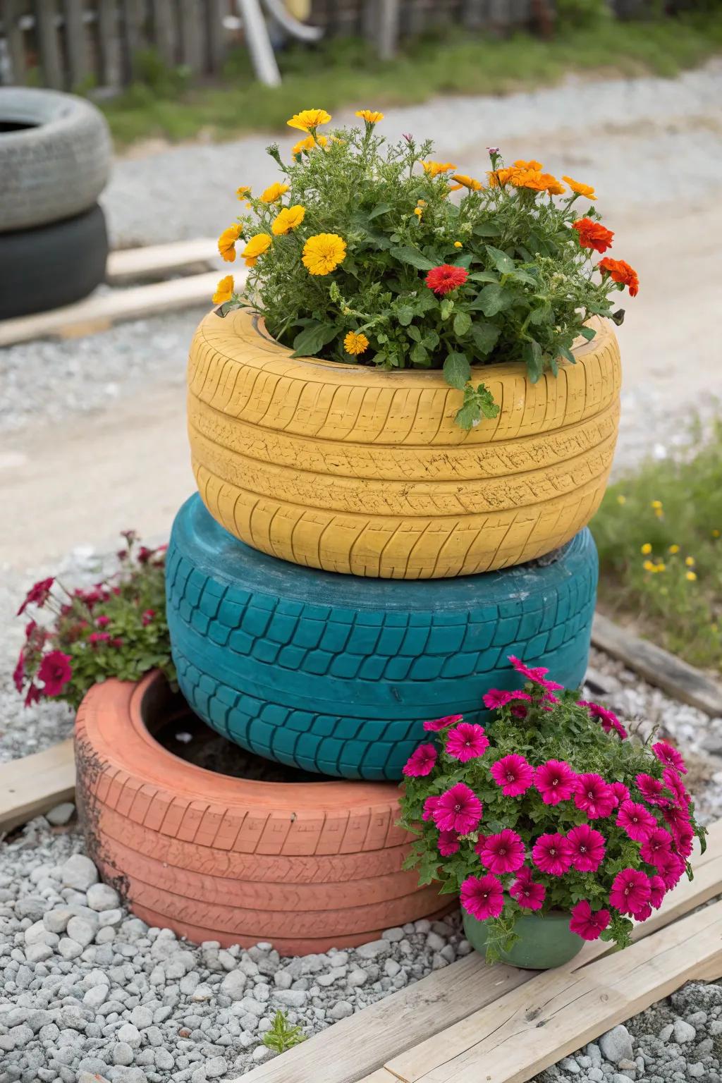 Transform old tires into a stunning garden feature with these colorful flower towers—where sustainability meets style!