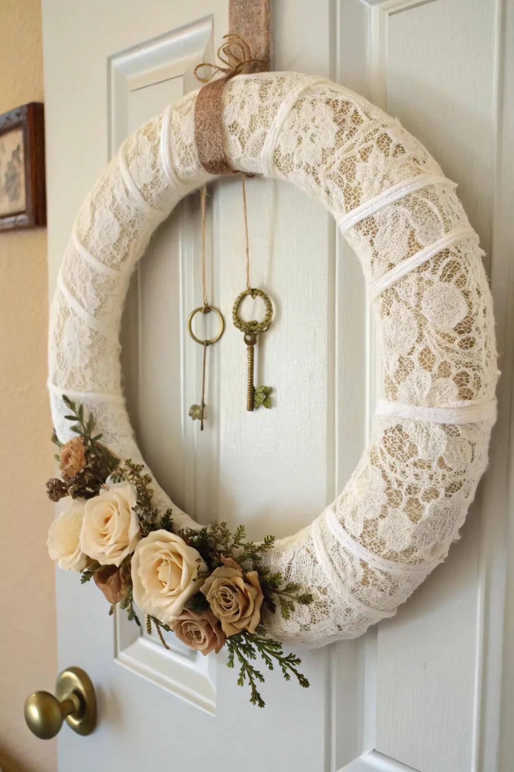 Embrace vintage romance with a lace-wrapped wreath that whispers timeless elegance.