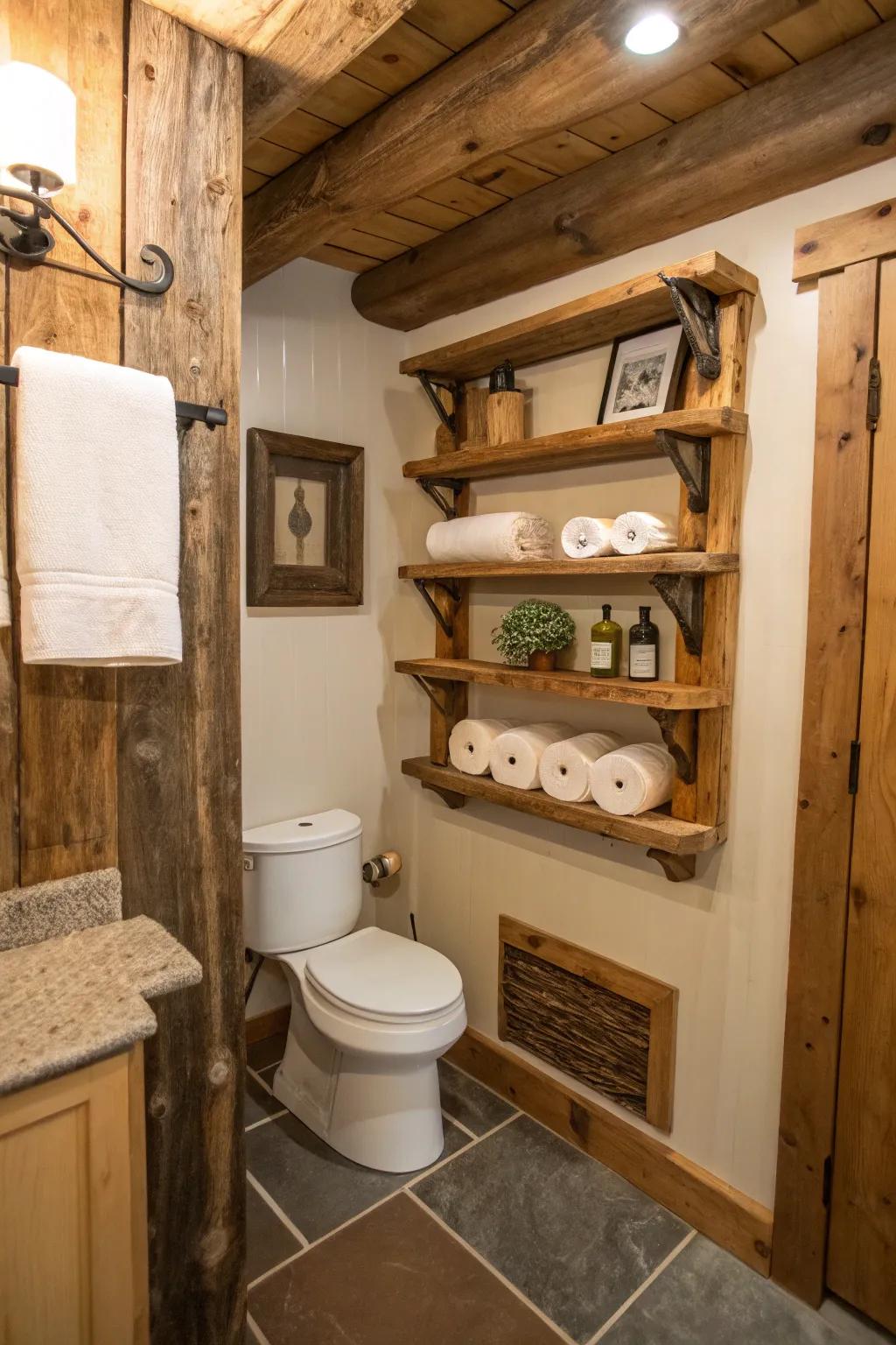 Infuse rustic warmth with wooden toilet paper storage.