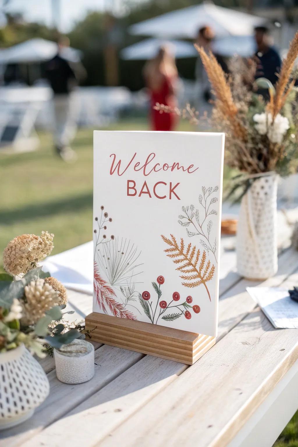 Add a personal touch to your welcome back card with elegant calligraphy and natural beauty.