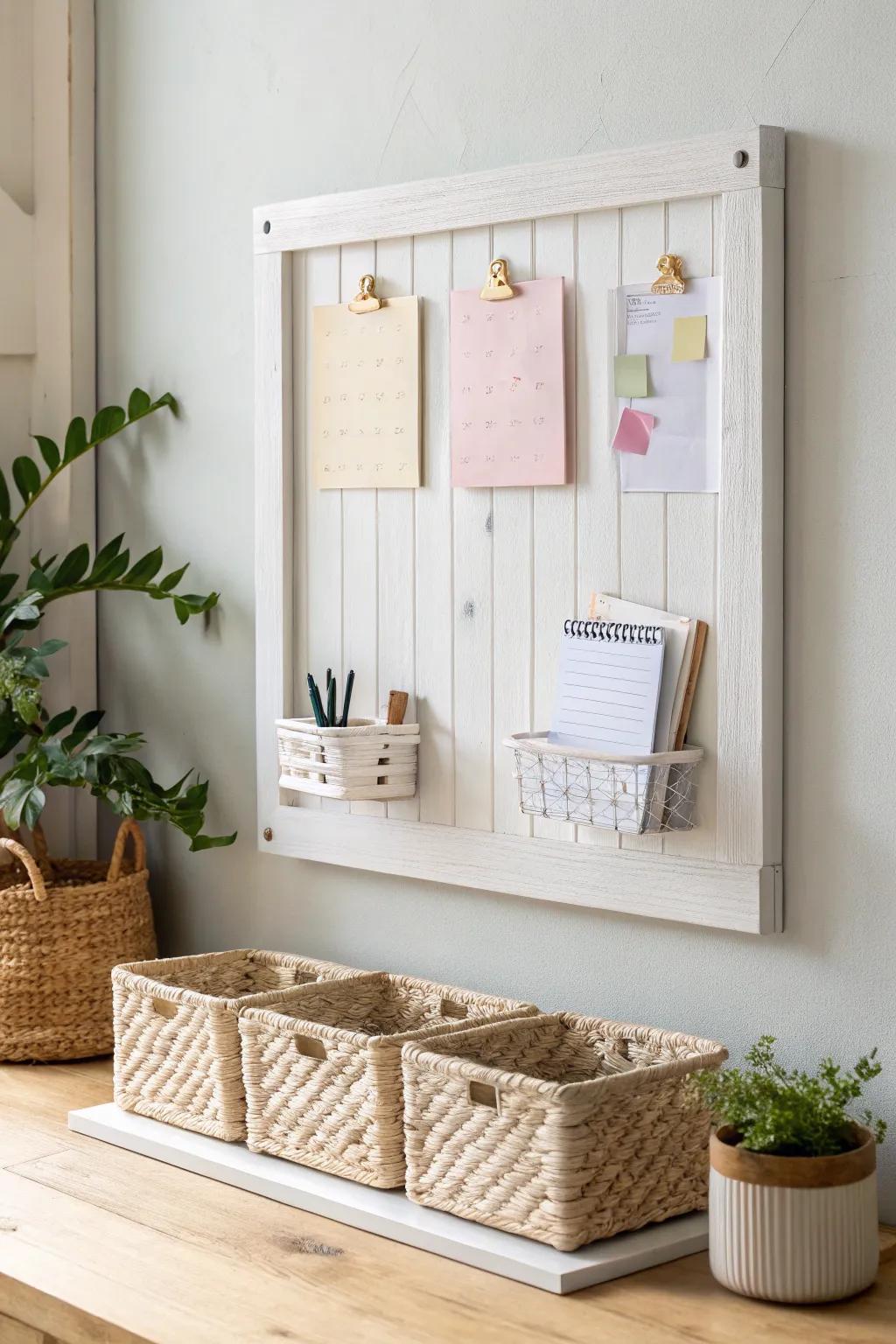 Elevate your workspace with a blend of style and function. This organizational hub combines minimalist beauty with practical storage solutions. #ScandiBoho #OrganizedElegance