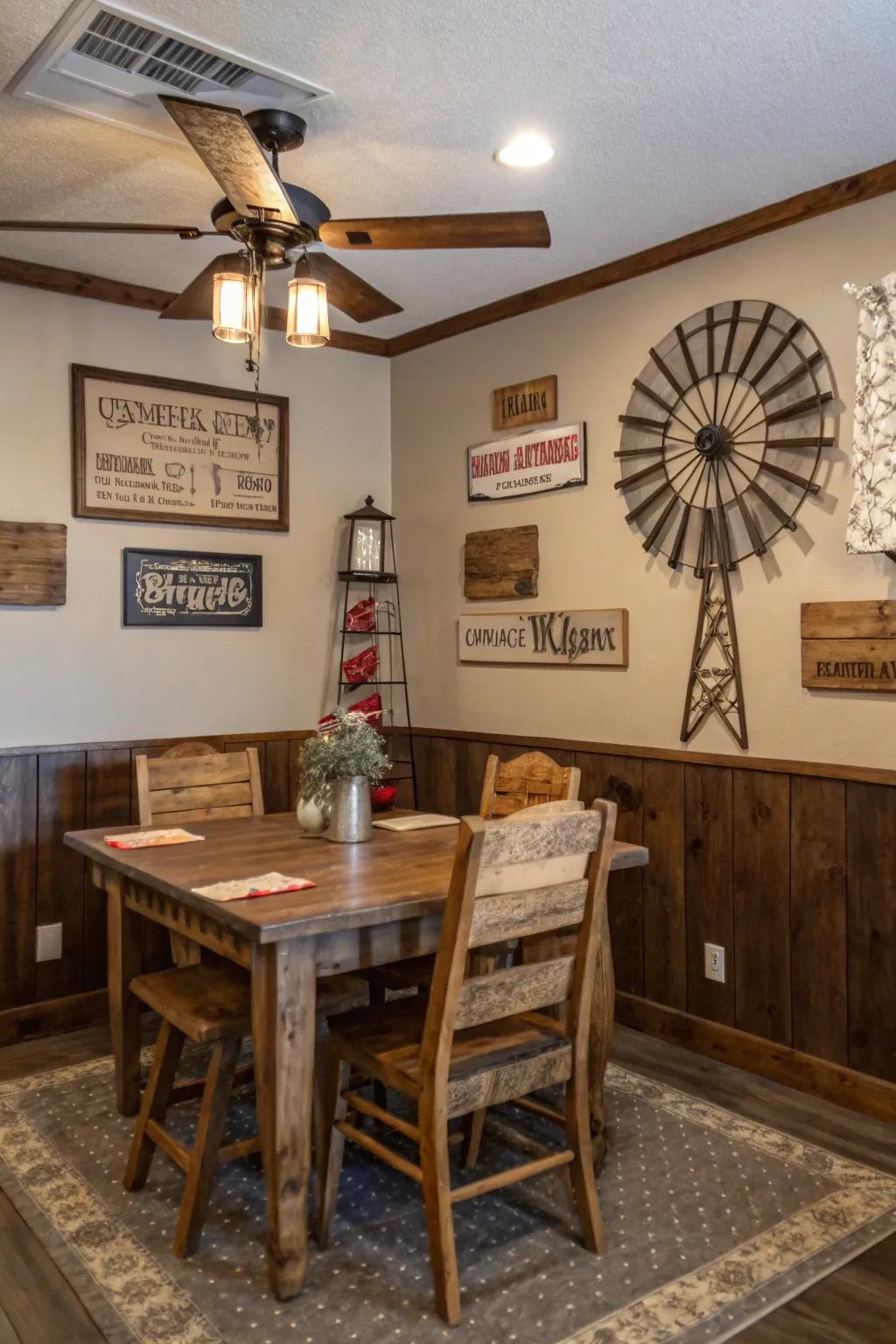 Distressed wood and vintage signs create a cozy farmhouse vibe.