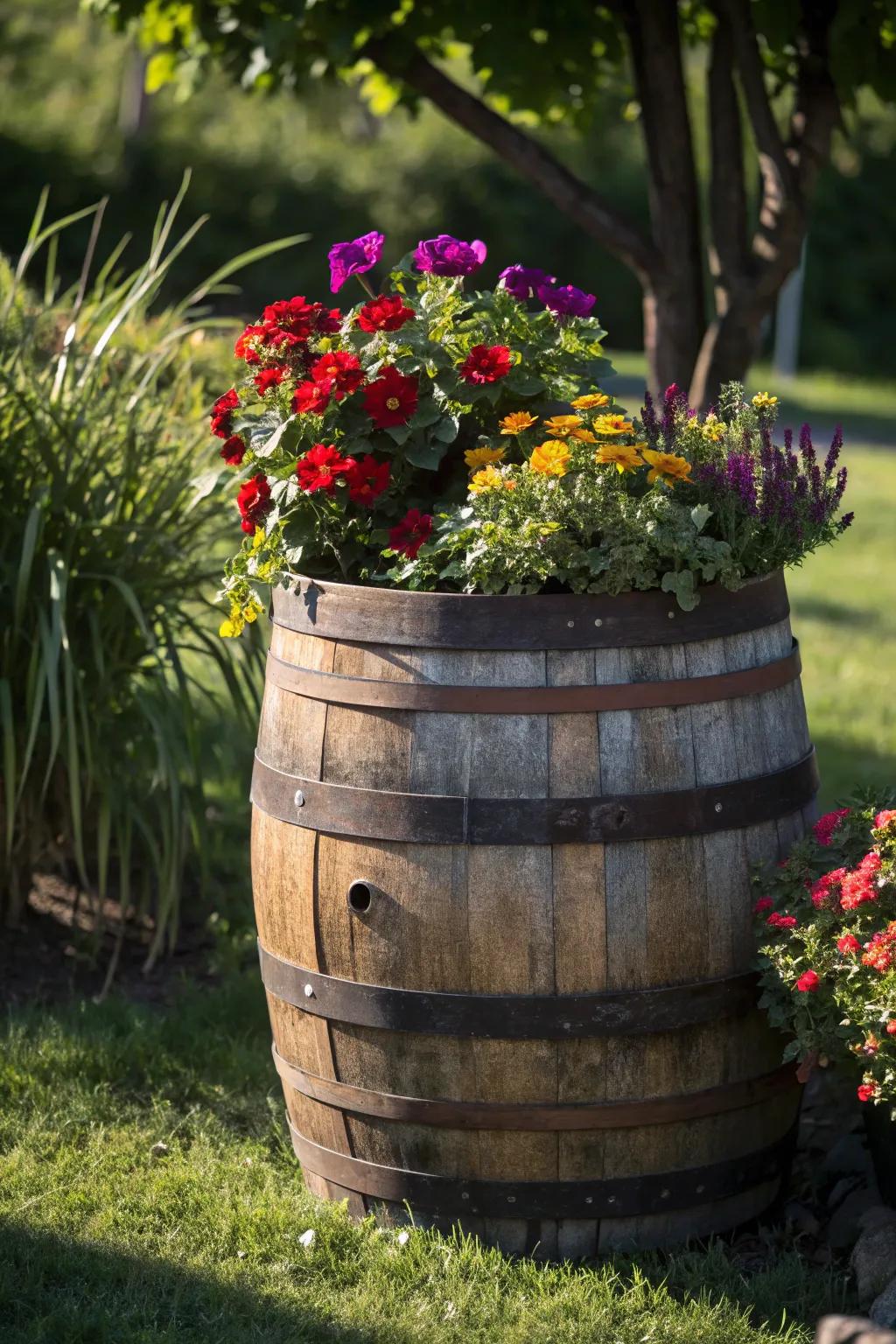 Transform your garden with the rustic charm of a wine barrel planter.