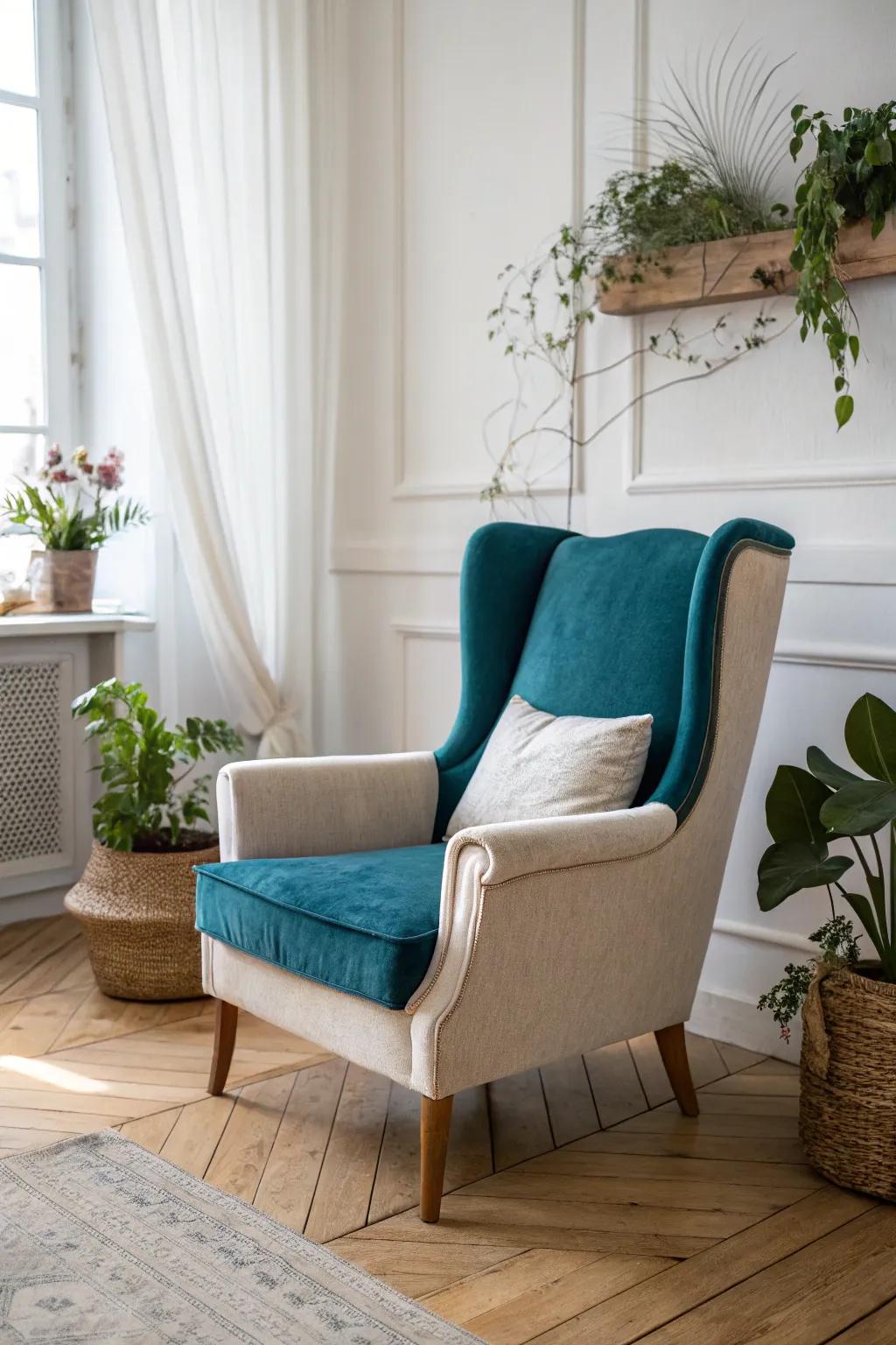 Embrace the charm of contrast with mismatched fabrics for a uniquely stylish wingback chair.