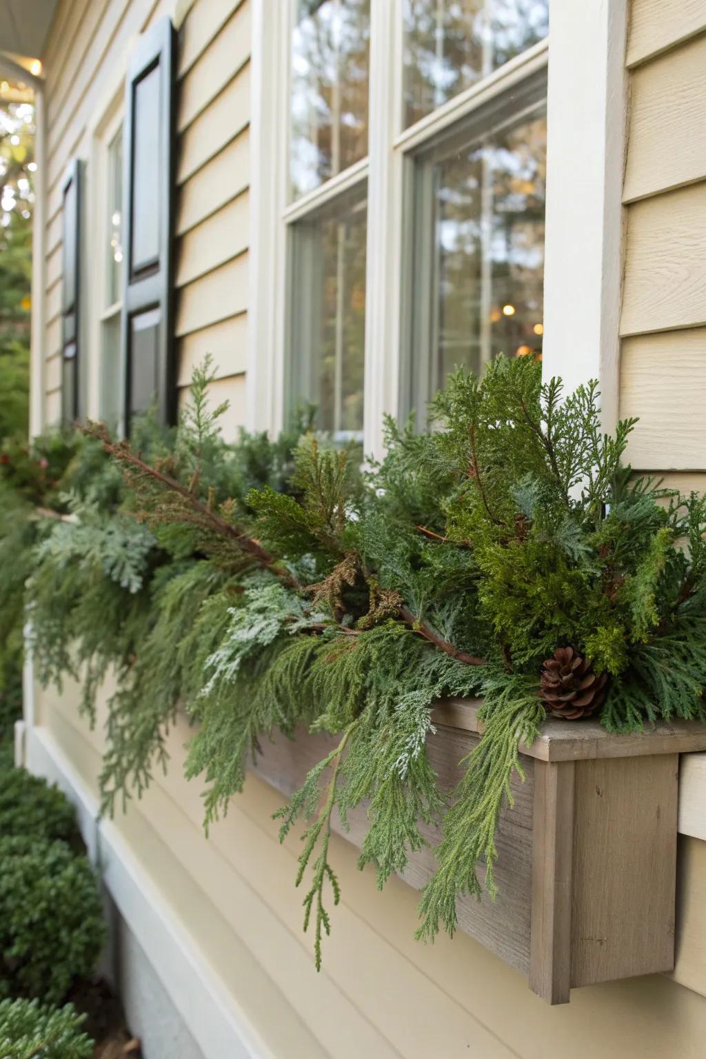 A mix of greenery creates a lush, textured look.