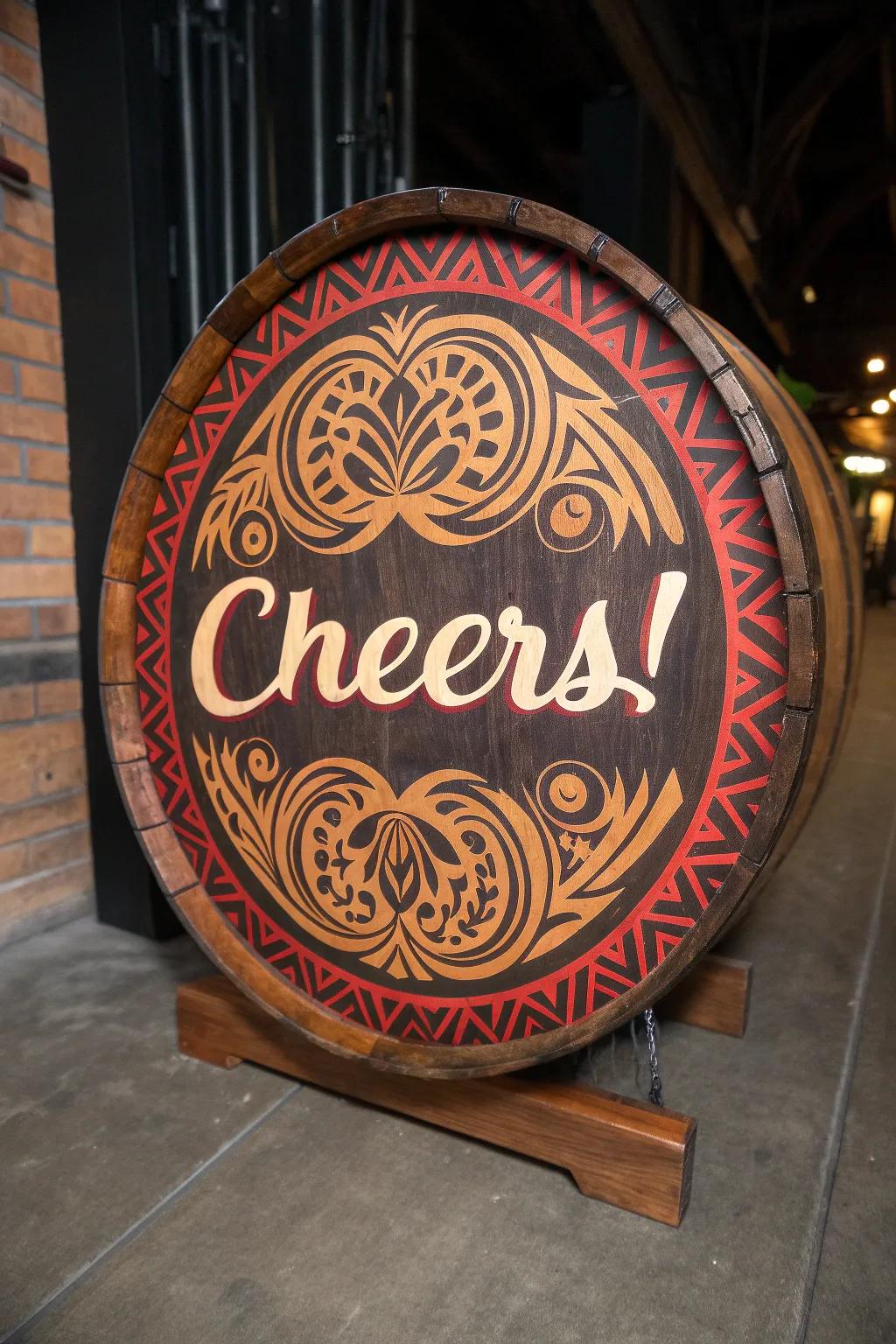 Elevate your home bar with this stunning handcrafted circular 'Cheers!' sign, where artistry meets bold elegance.