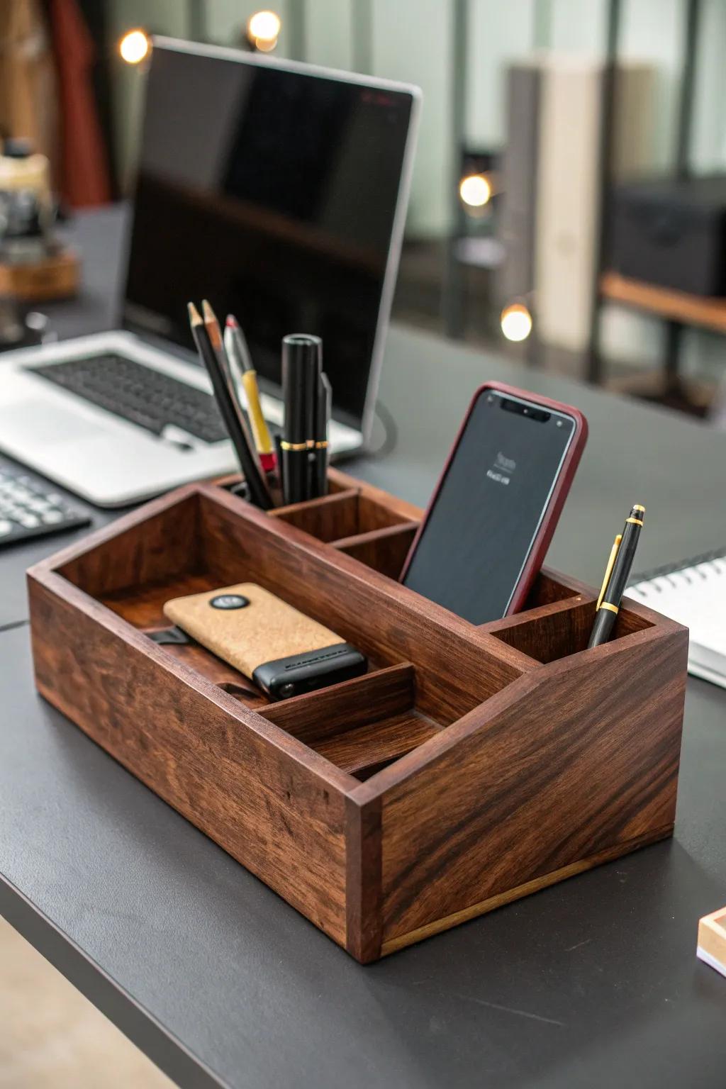 Elevate your workspace with this elegant mahogany desk organizer, where craftsmanship meets functionality.