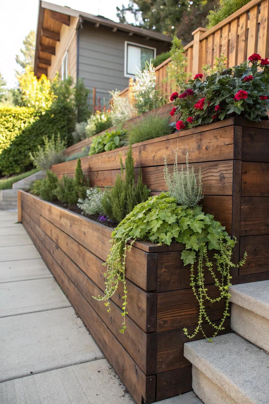 Elevate your backyard with a stunning wood planter box wall, combining functionality with natural beauty.
