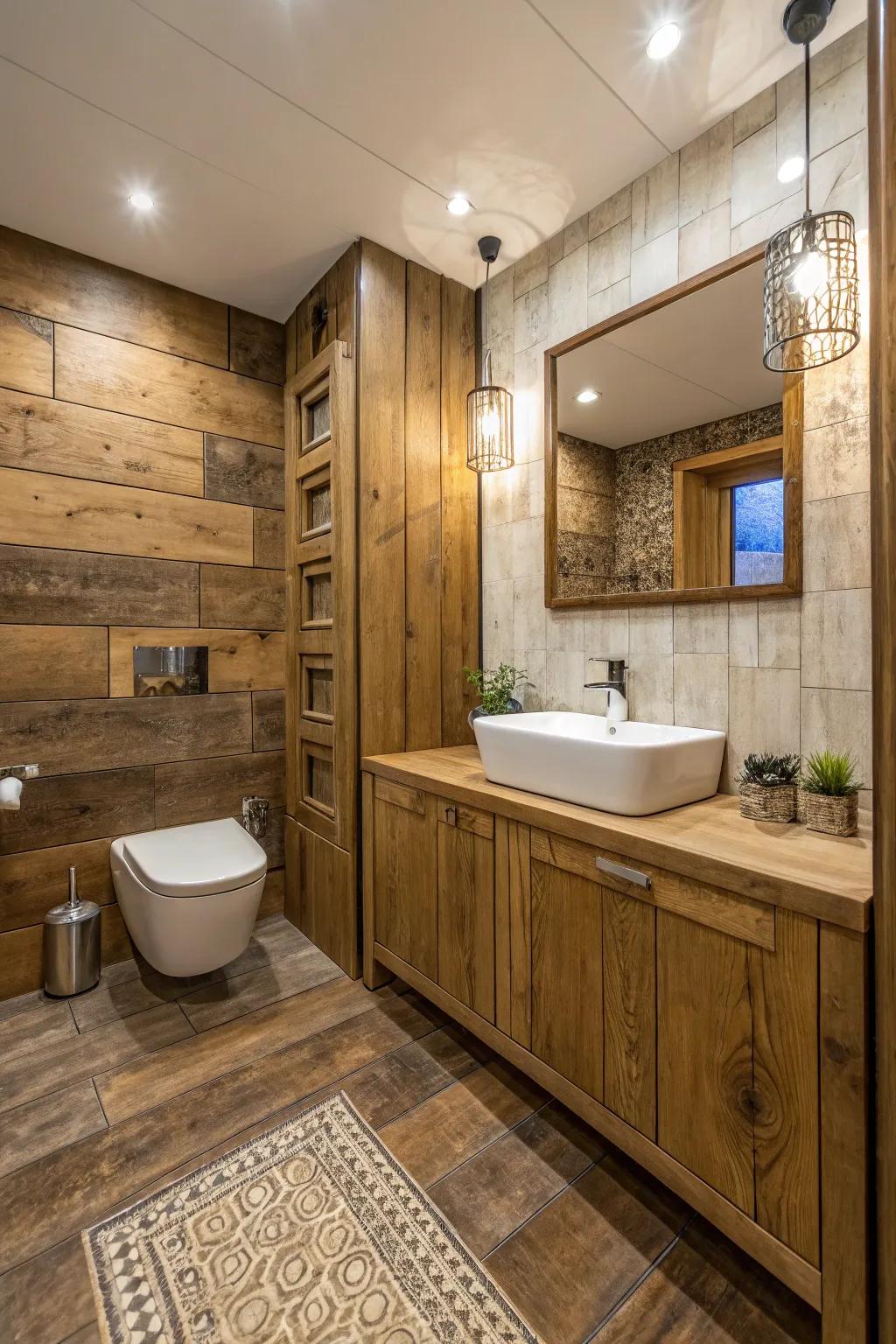 A bathroom featuring textured wood tiles for a durable finish.