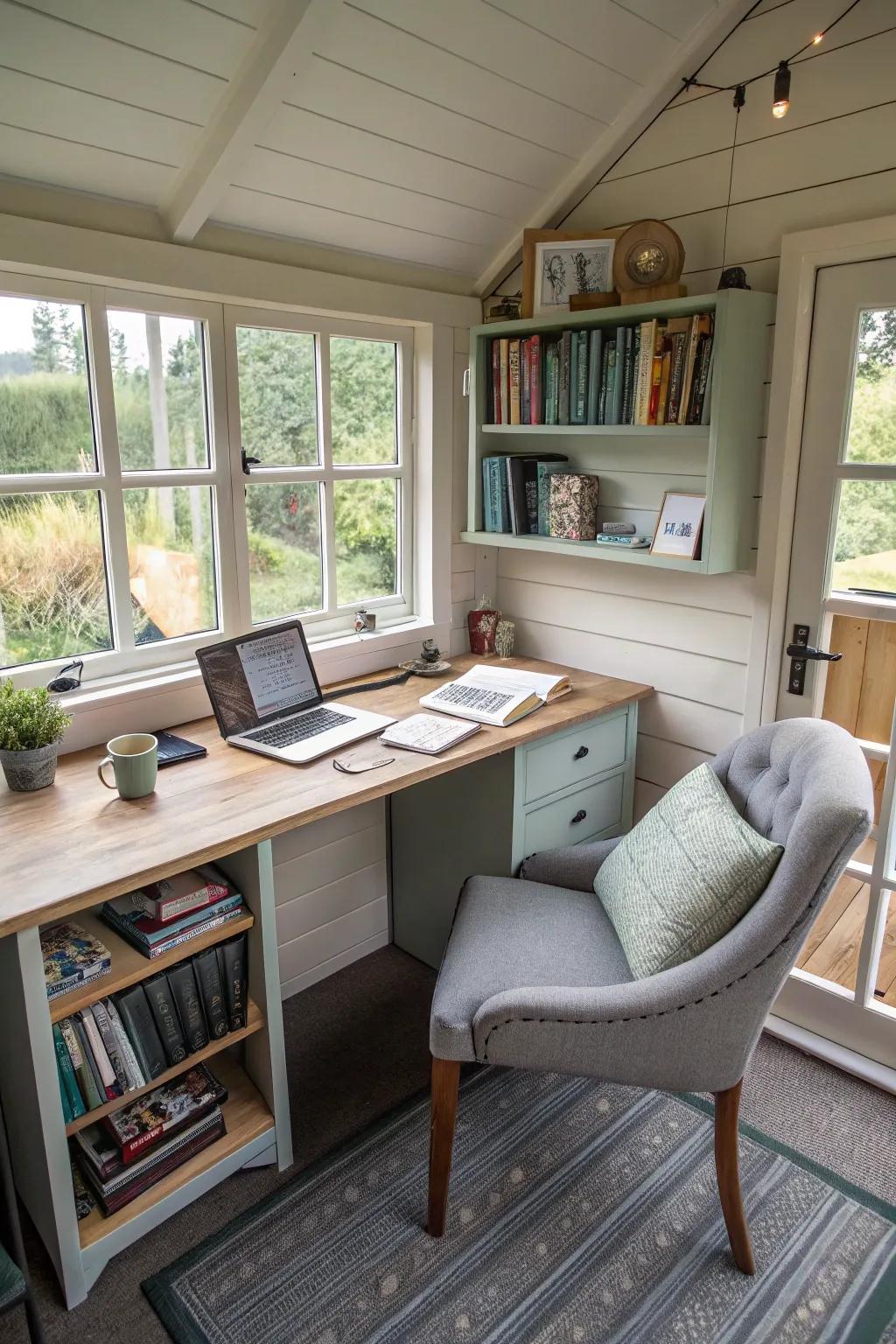 A versatile writing shed designed for both productivity and relaxation.