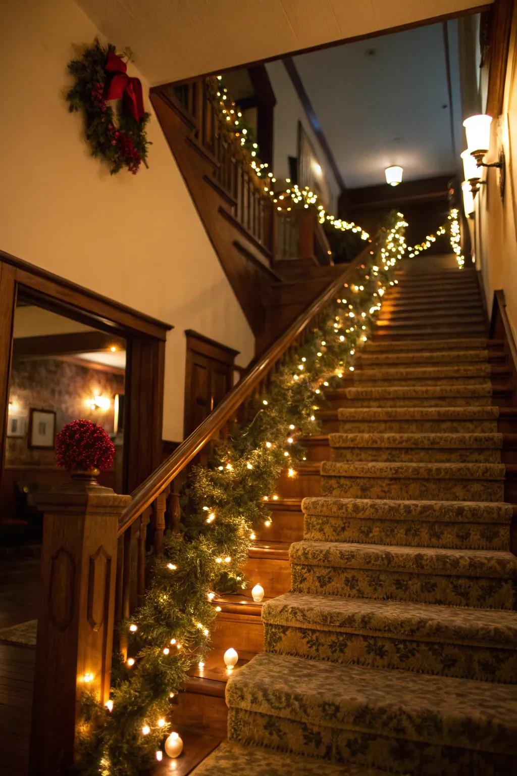 An elegantly decorated staircase with festive garlands and lights.