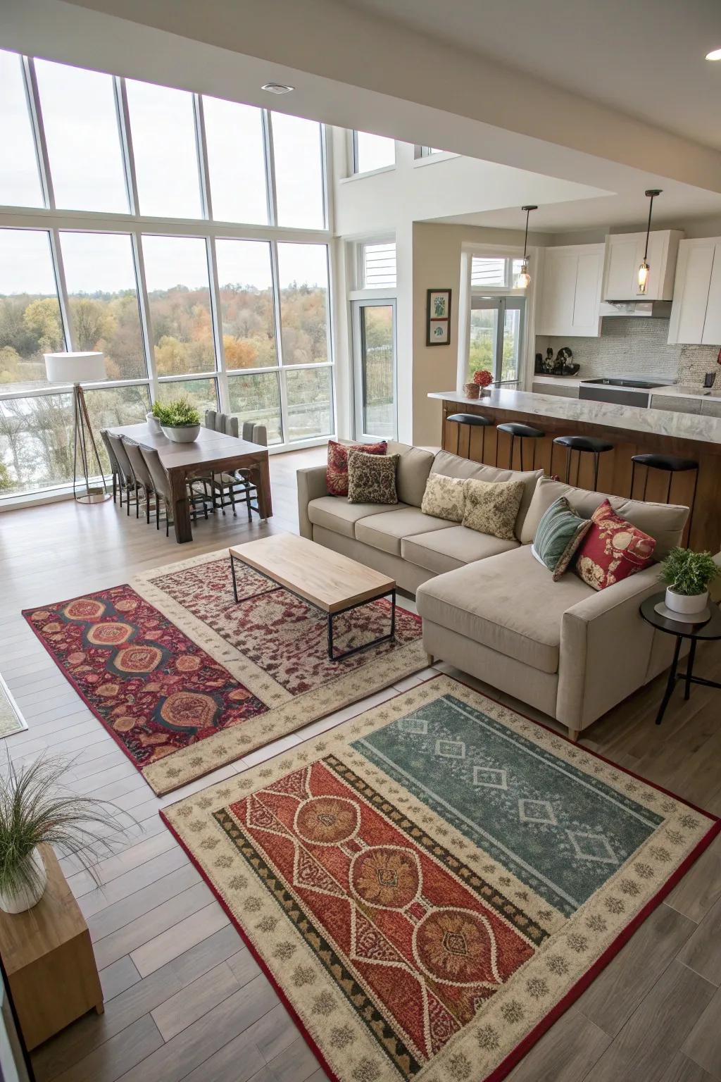 Rugs help create distinct functional zones in open living spaces.