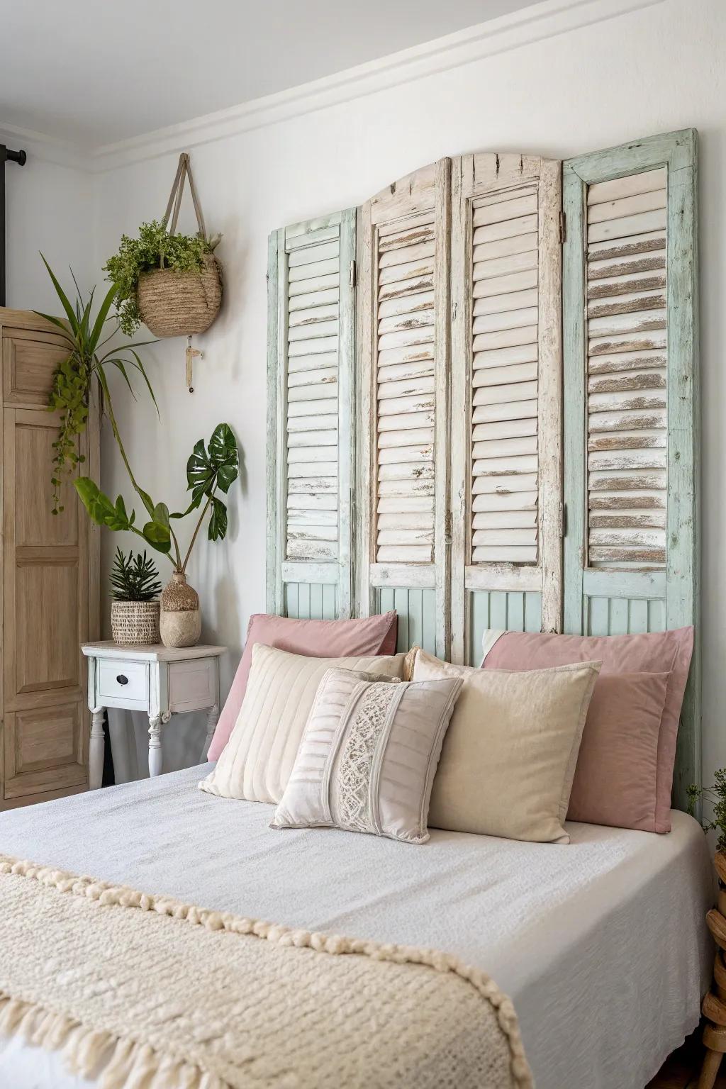 Transform your bedroom with a cozy headboard made from repurposed shutters, adding a touch of charming cottage appeal.