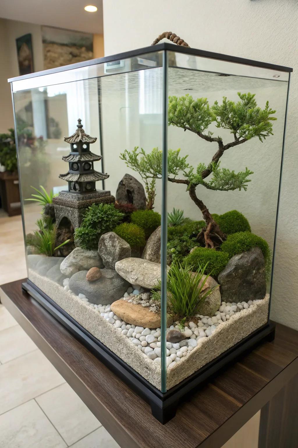 A Zen garden setup provides tranquility in your aquarium space.