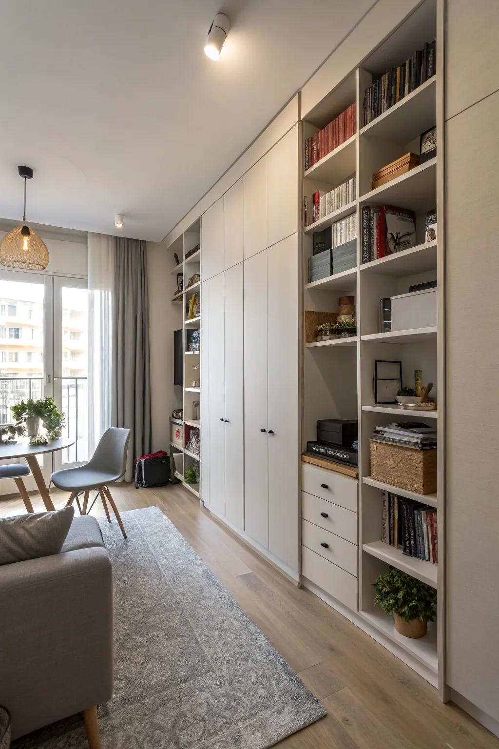 Utilize vertical storage to keep your studio organized and spacious.