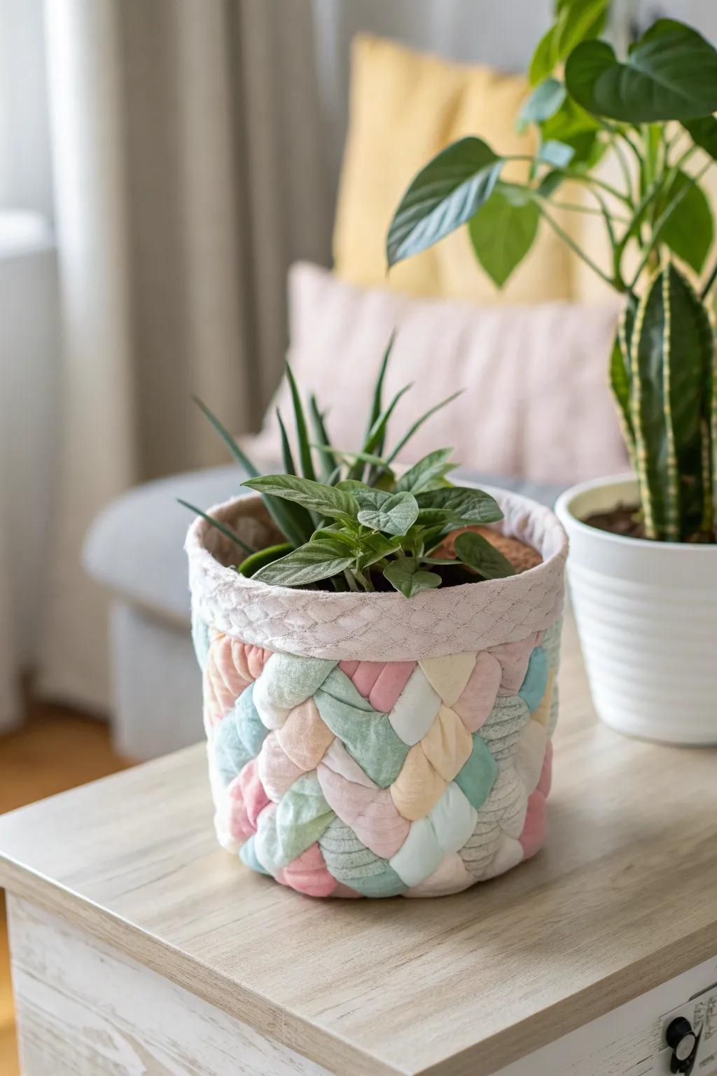 Give your plants a stylish makeover with these cozy fabric-covered planters. Add a touch of handcrafted elegance to your home decor.