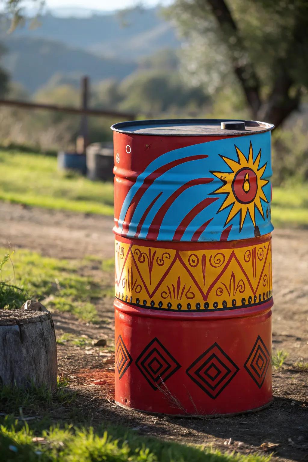 Transform your outdoor space with a splash of color using a vibrantly painted burn barrel as the centerpiece.