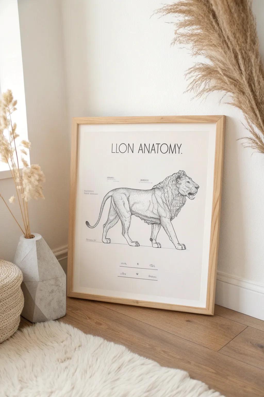 Discover the elegance of nature with this beautifully crafted lion anatomy diagram, where art meets education.