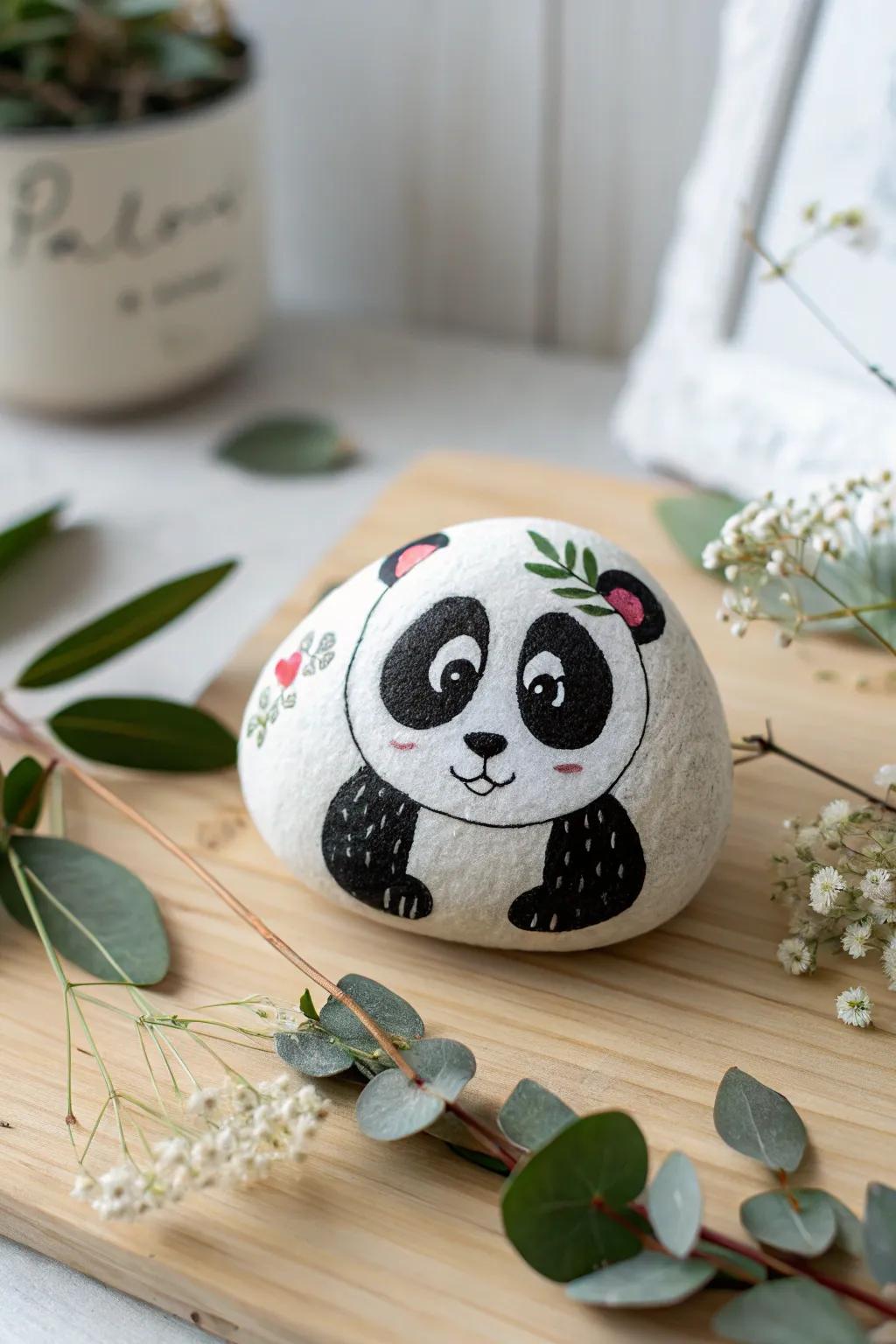 Embrace the playful charm of a cartoonish panda rock, a delightful blend of art and nature.