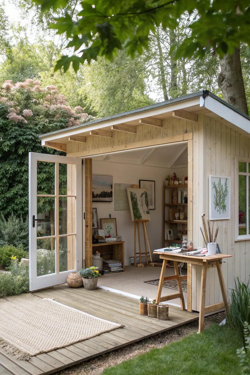 Transform your art studio shed into a multi-purpose creative haven, where simplicity meets bohemian flair. 🌿✨