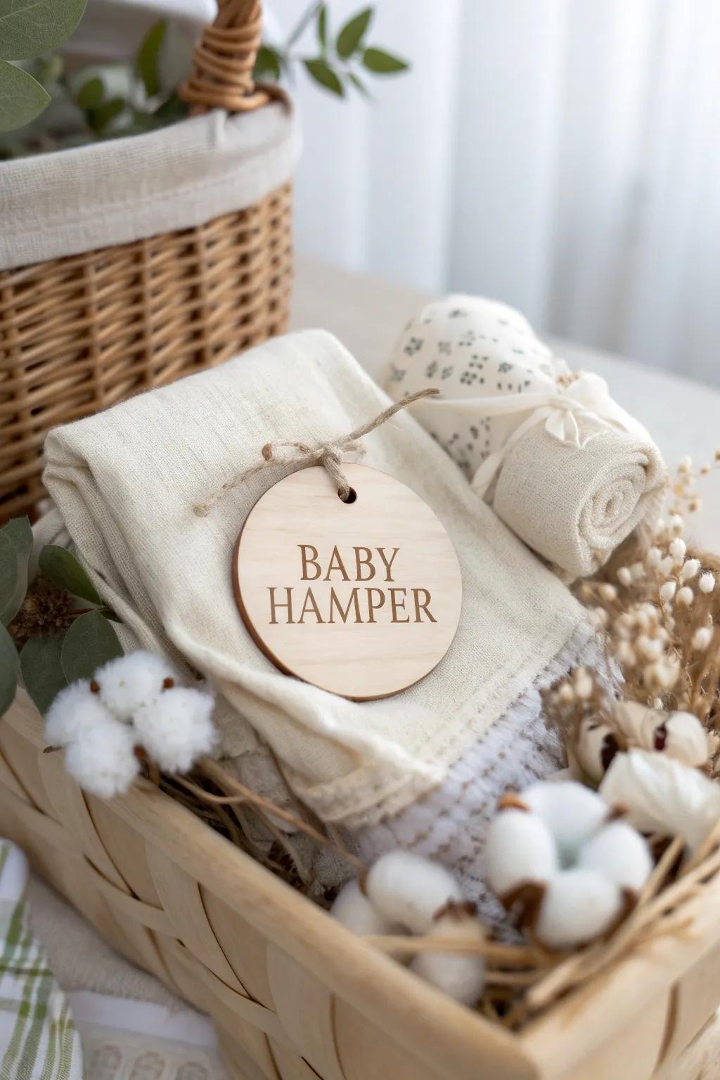 Add a personal touch with a customized name tag for an extra special baby hamper.