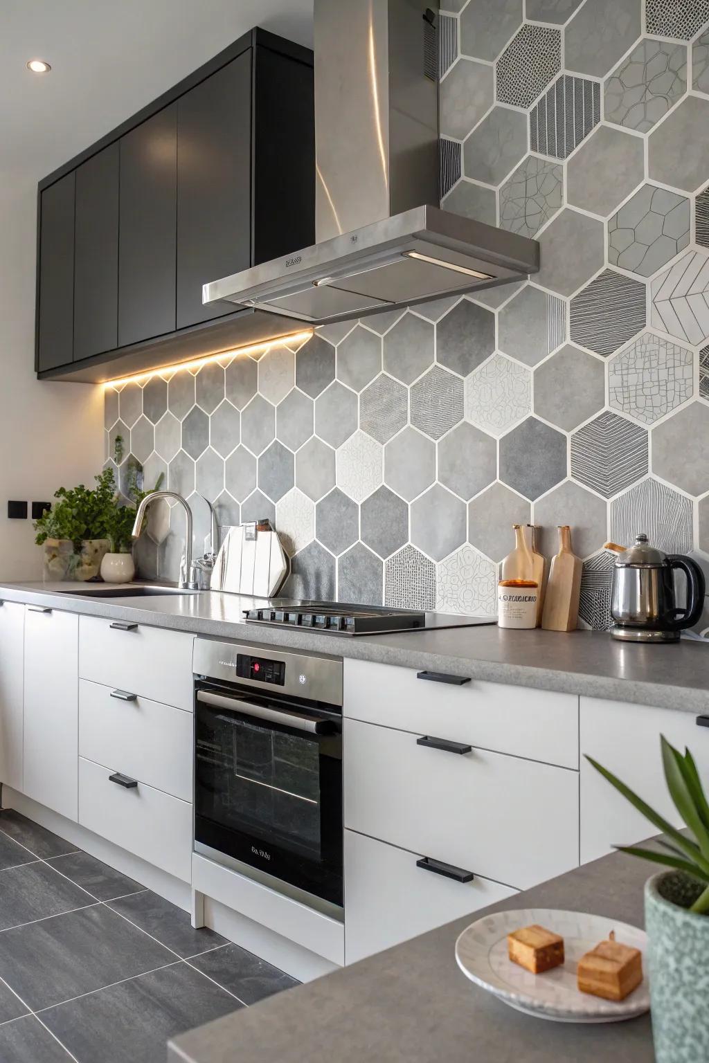 Hexagon tiles bring a modern geometric touch to any kitchen.