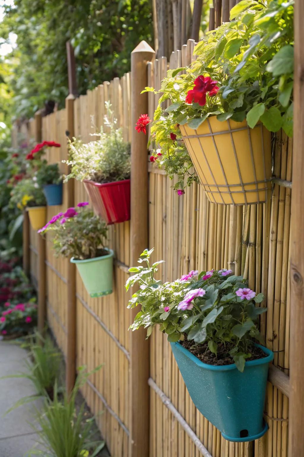 Transform your space with a stunning bamboo fence and vibrant planters—nature's art at its finest.