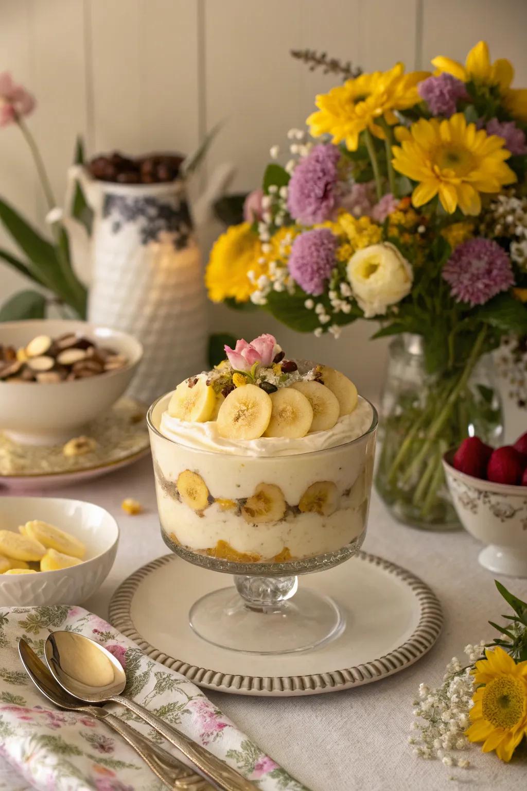 Fresh flowers add a beautiful and natural accent to banana pudding.