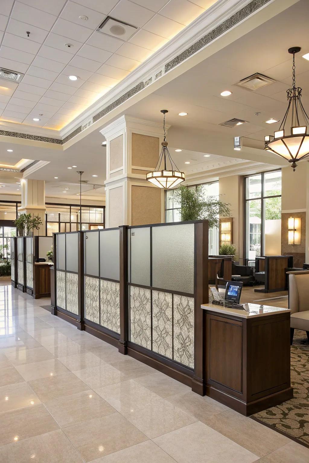Decorative partitions offer privacy while keeping an open feel.
