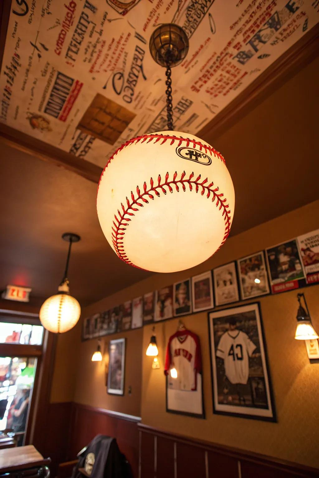 Baseball-themed lighting fixtures illuminate the room with creativity.