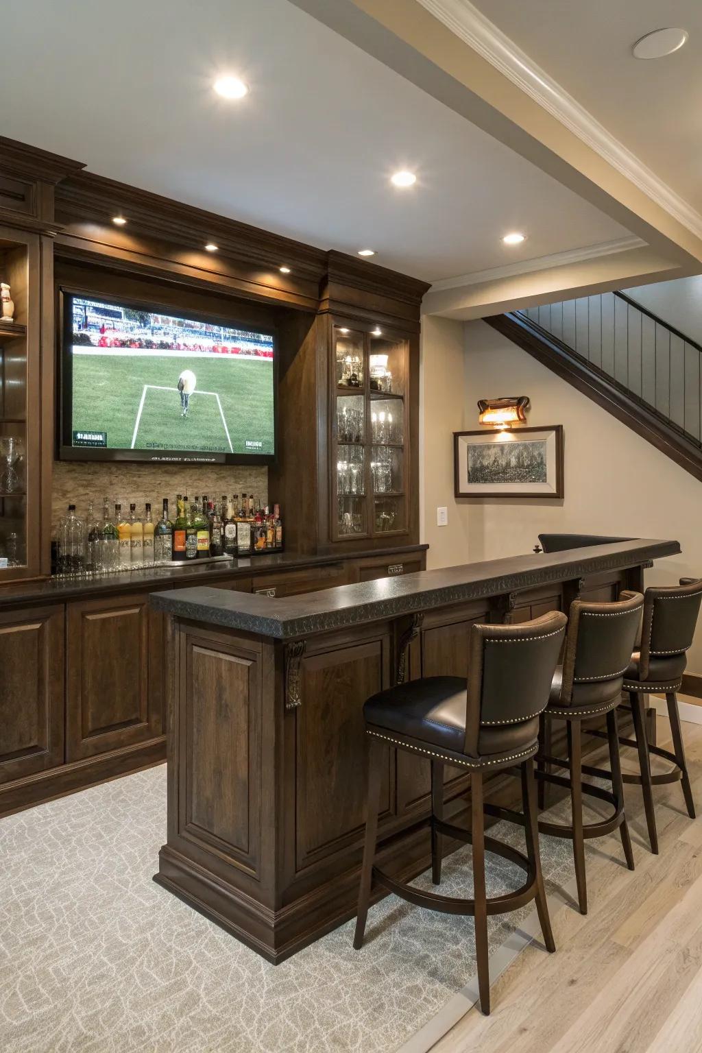 Transform your basement into the ultimate entertainment hub with a stylish bar setup and big-screen TV.